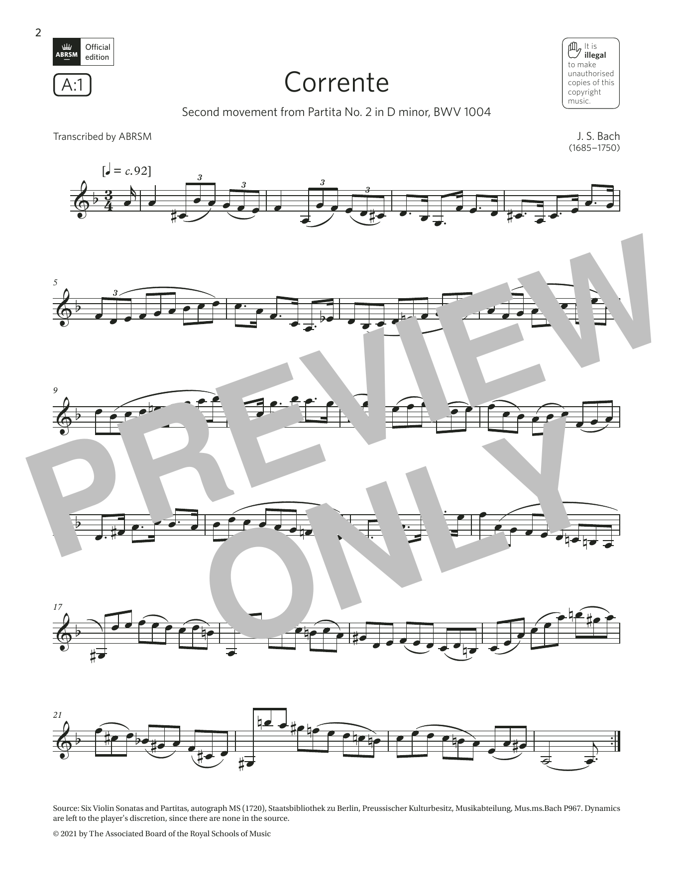 Johann Sebastian Bach Corrente (from Partita No2 in D minor) (Grade 6 List A1 from the ABRSM Clarinet syllabus from 2022) Sheet Music & Chords for Clarinet Solo - Download or Print PDF