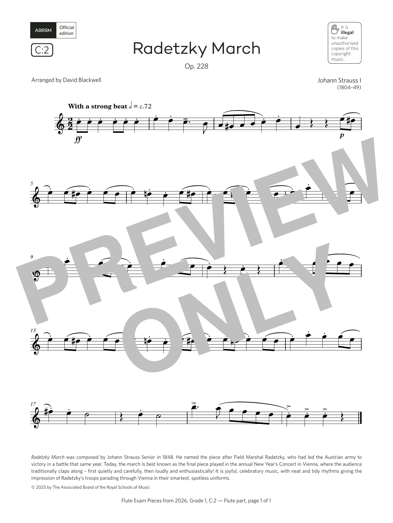 Johann Strauss I Radetzky March (Grade 1, list C2, from the ABRSM Flute Syllabus from 2026) Sheet Music & Chords for Flute Solo - Download or Print PDF