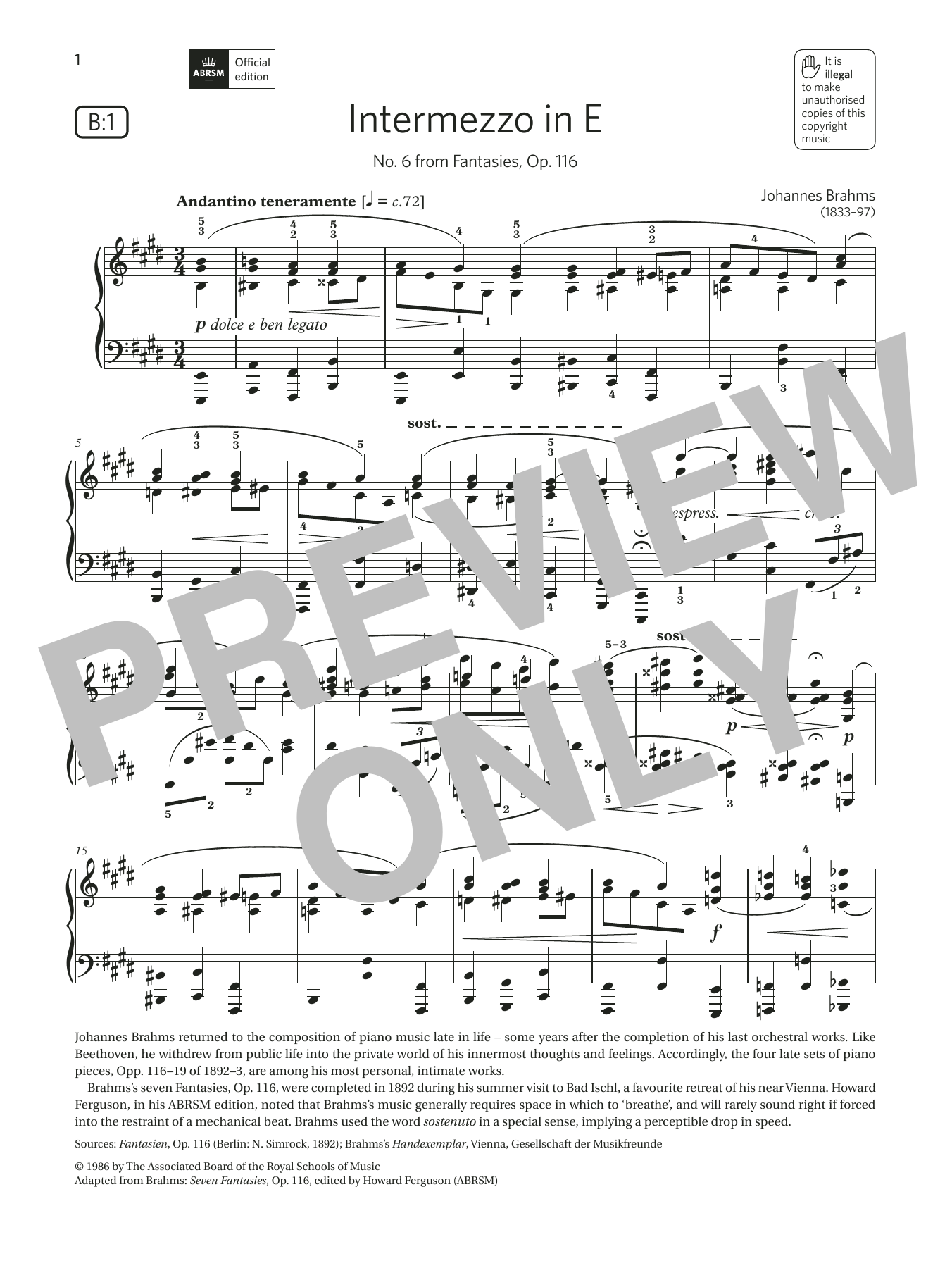 Johannes Brahms Intermezzo in E (Grade 8, list B1, from the ABRSM Piano Syllabus 2021 & 2022) Sheet Music & Chords for Piano Solo - Download or Print PDF