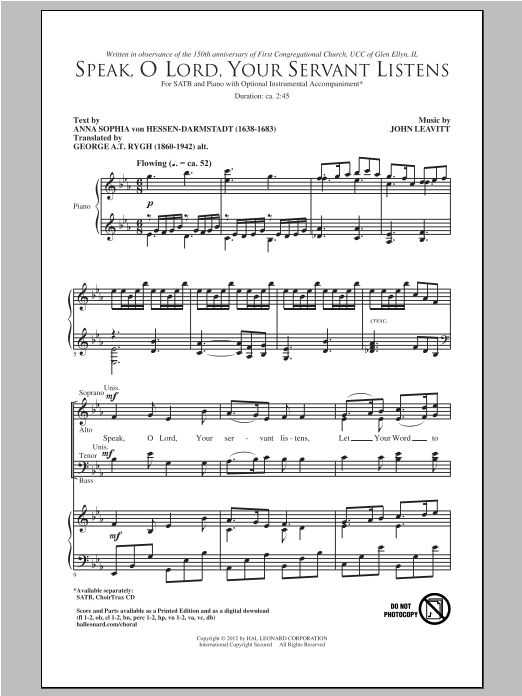 John Leavitt Speak, O Lord, Your Servant Listens Sheet Music & Chords for SATB - Download or Print PDF
