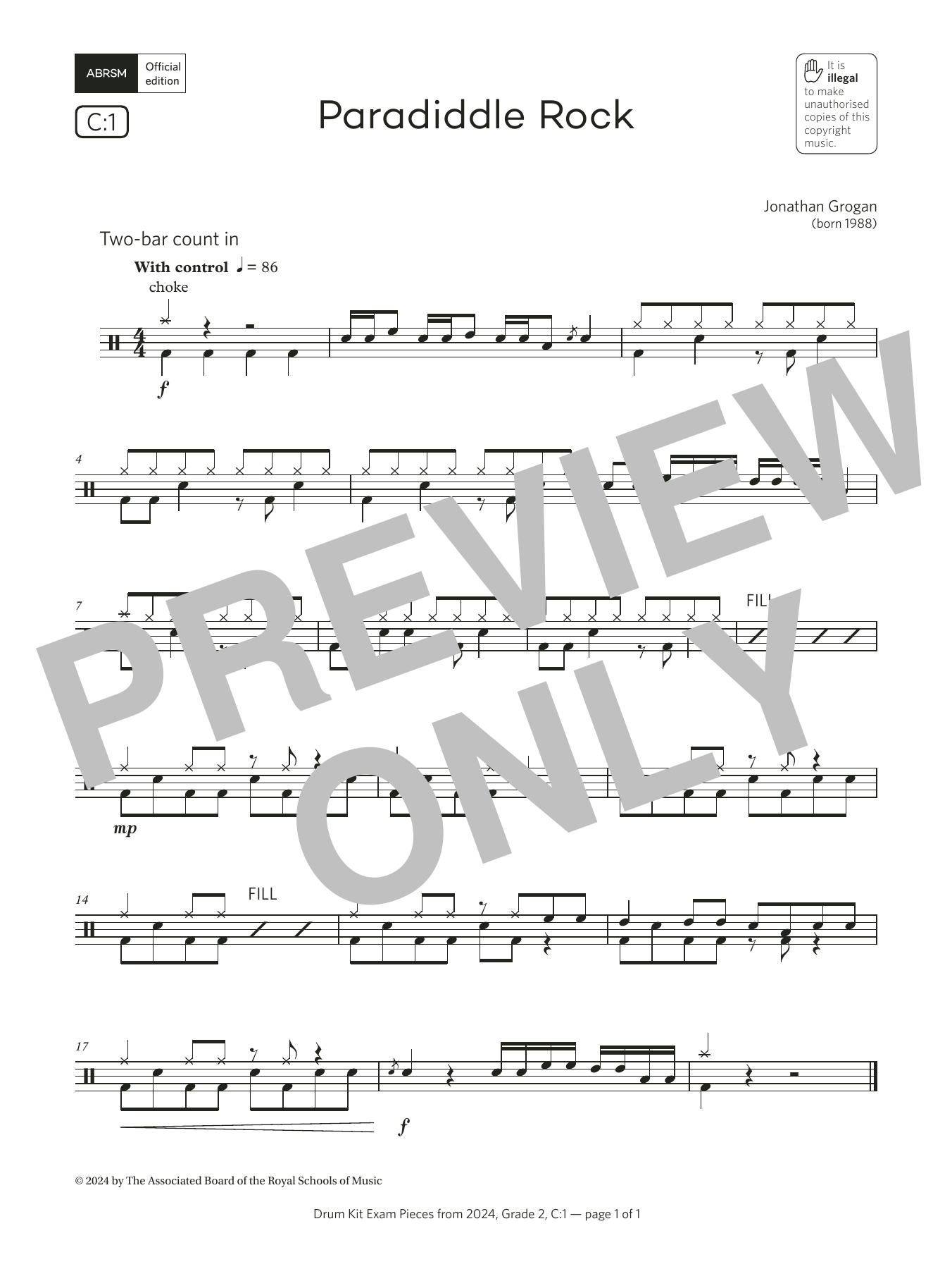 Jonny Grogan Paradiddle Rock (Grade 2, list C1, from the ABRSM Drum Kit Syllabus 2024) Sheet Music & Chords for Drums - Download or Print PDF
