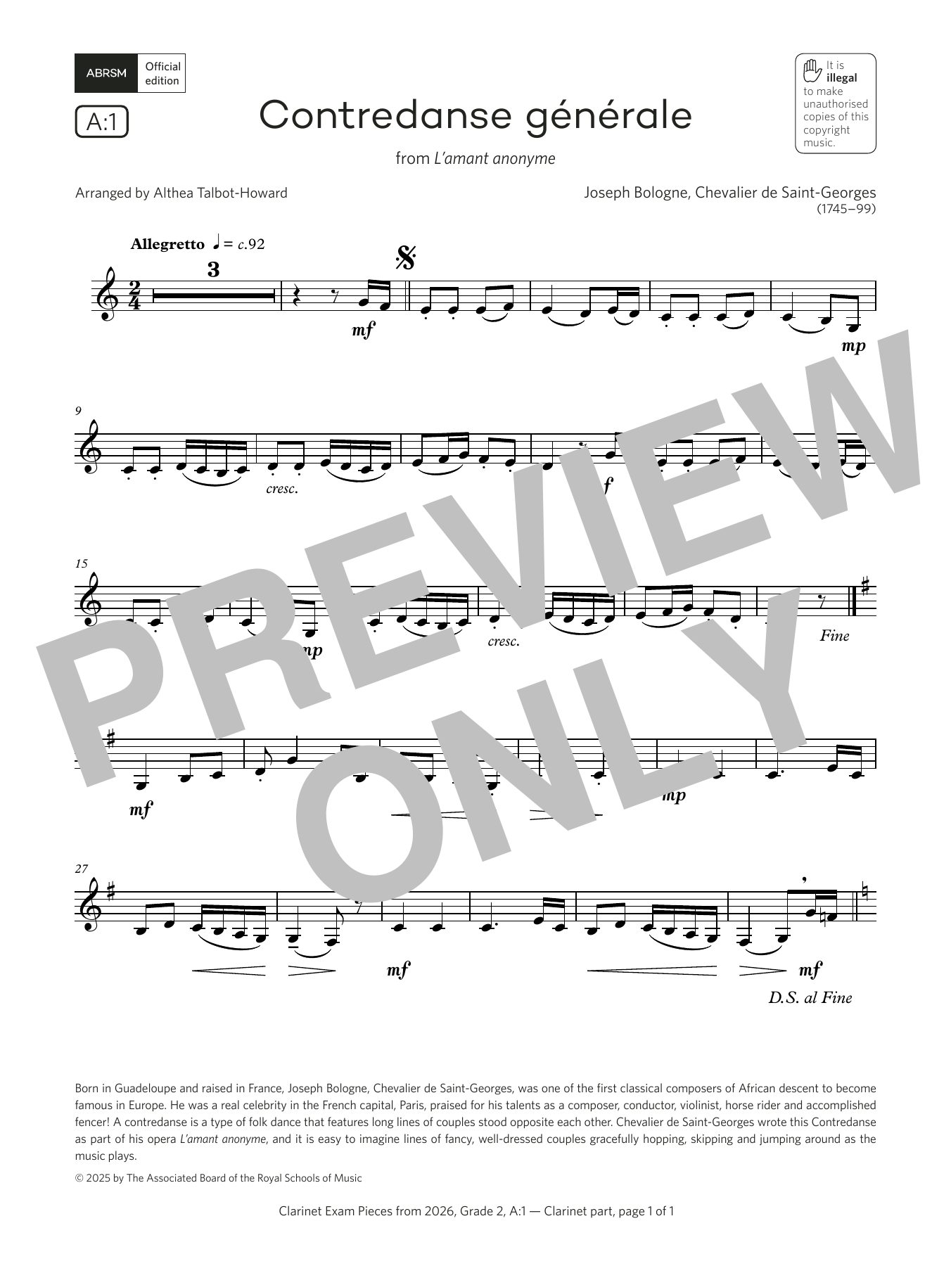 Joseph Bologne Contredanse générale (Grade 2, list A1, from the ABRSM Clarinet Syllabus from 2026) Sheet Music & Chords for Clarinet Solo - Download or Print PDF
