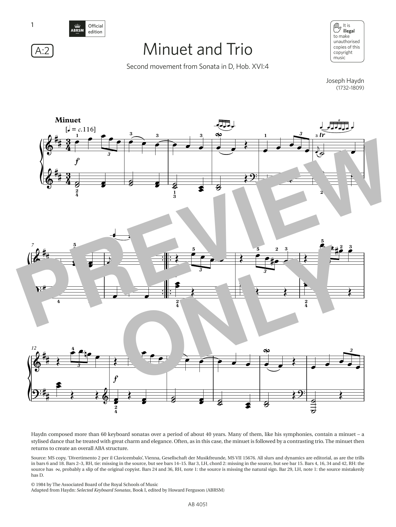 Joseph Haydn Minuet and Trio (Grade 5, list A2, from the ABRSM Piano Syllabus 2023 & 2024) Sheet Music & Chords for Piano Solo - Download or Print PDF