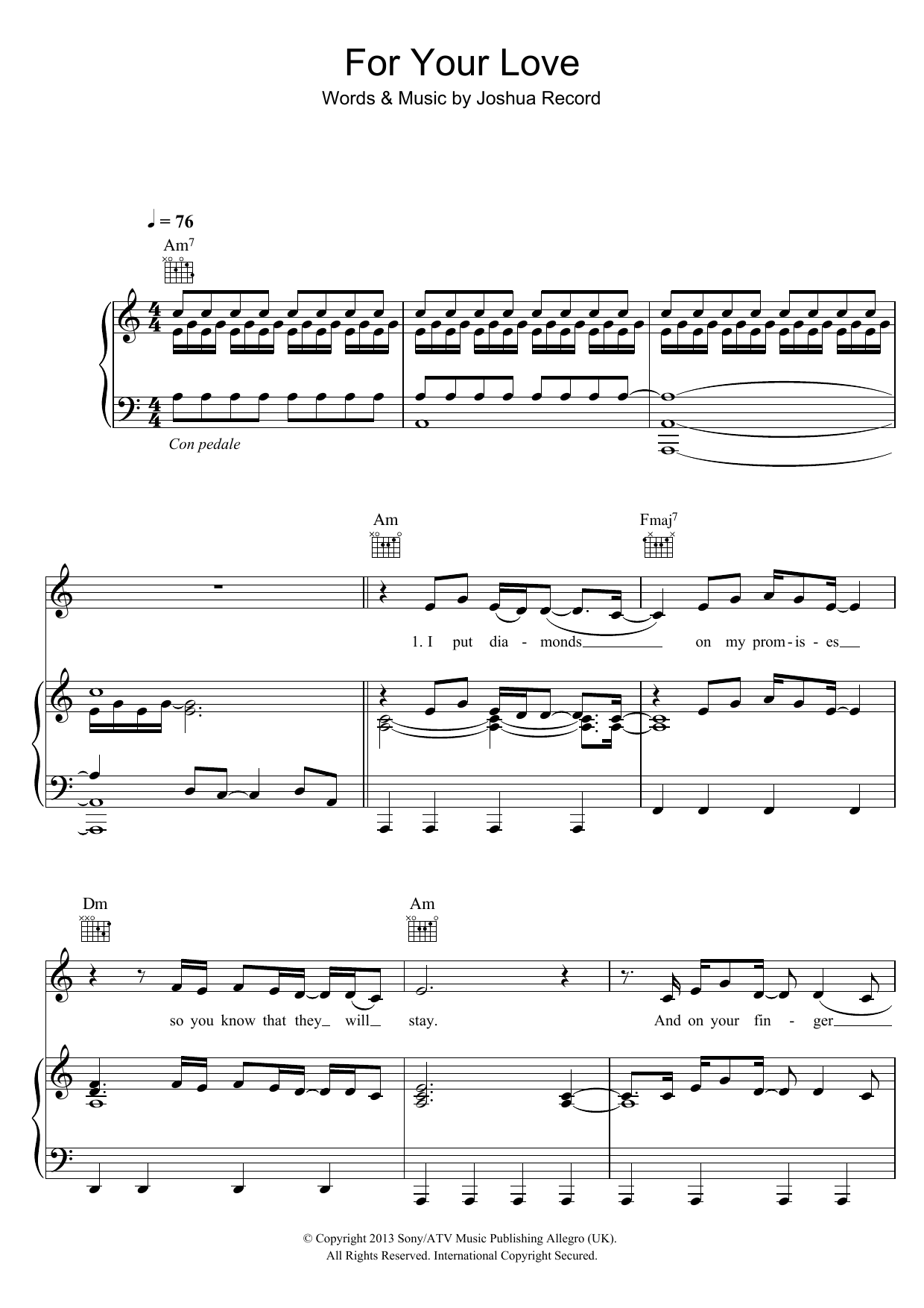 Josh Record For Your Love Sheet Music & Chords for Piano, Vocal & Guitar (Right-Hand Melody) - Download or Print PDF