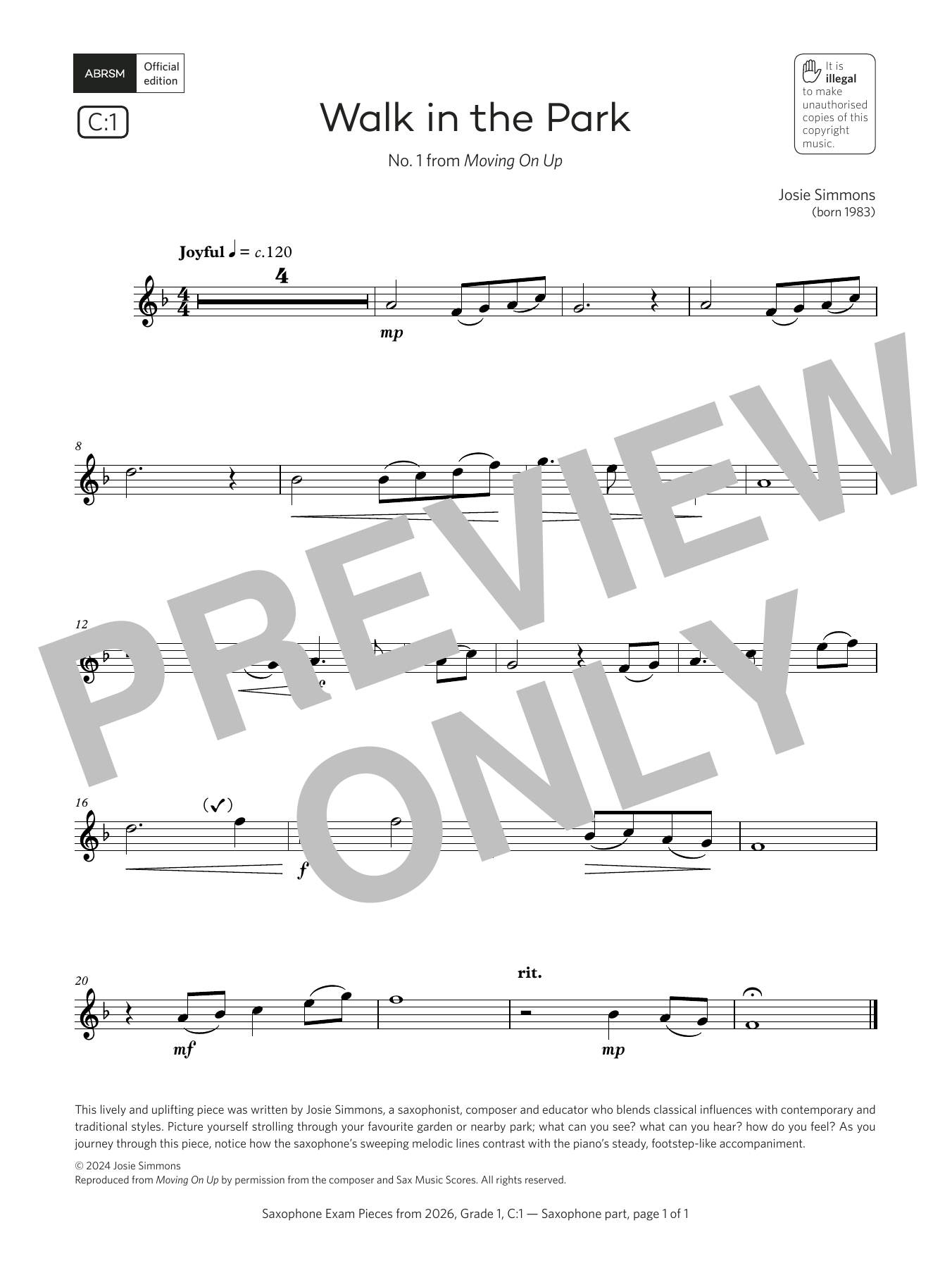Josie Simmons Walk in the Park (Grade 1, list C1, from the ABRSM Saxophone Syllabus from 2026) Sheet Music & Chords for Alto Sax Solo - Download or Print PDF