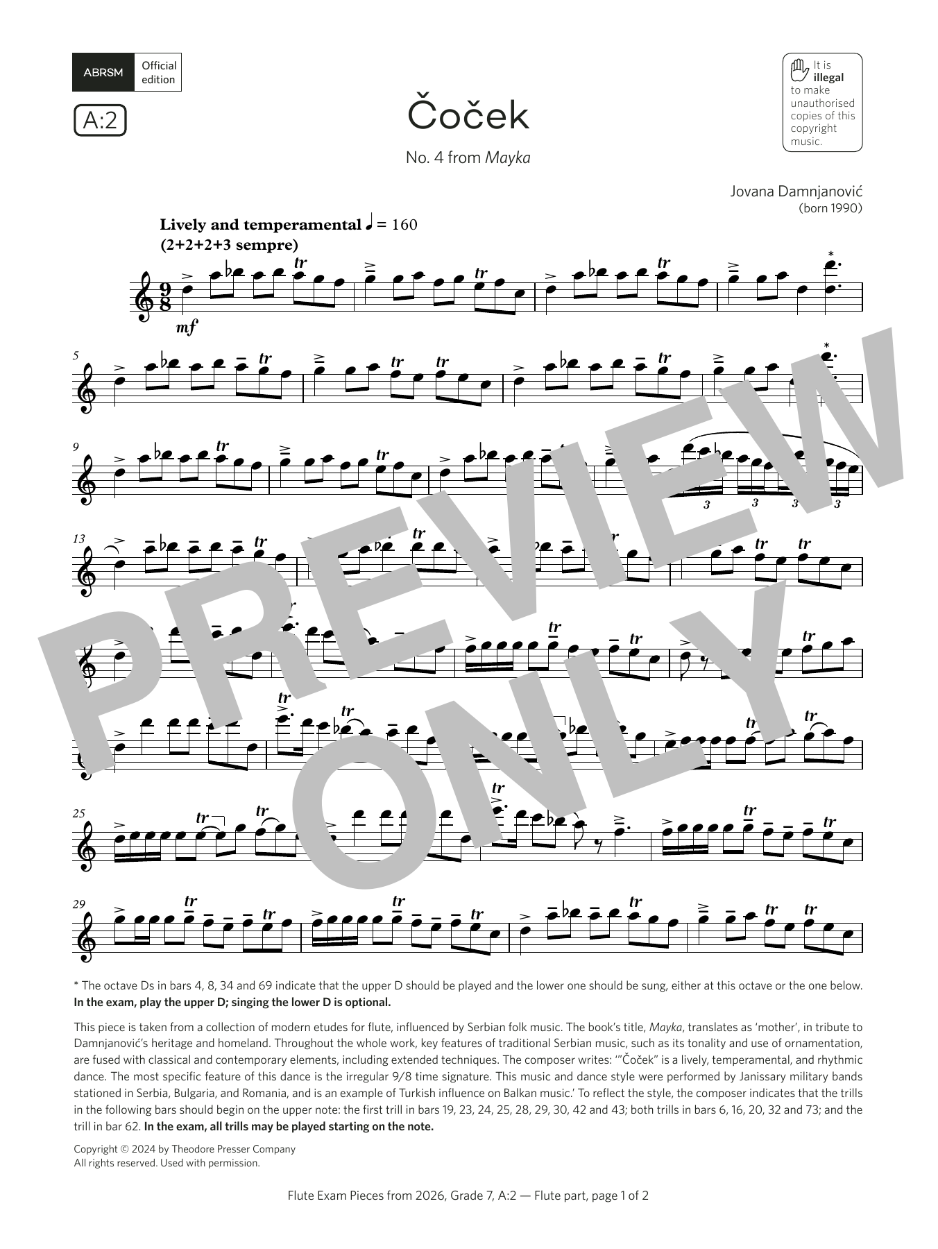 Jovana Damnjanovic Čoček (Grade 7, list A2, from the ABRSM Flute Syllabus from 2026) Sheet Music & Chords for Flute Solo - Download or Print PDF