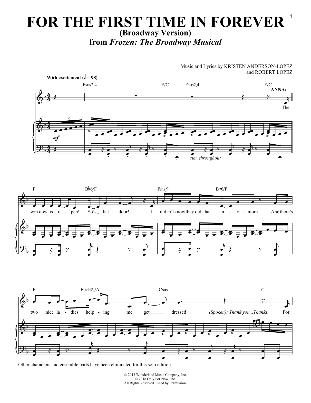 Kristen Anderson-Lopez & Robert Lopez For The First Time In Forever [Solo version] (from Frozen: The Broadway Musical) Sheet Music & Chords for Piano & Vocal - Download or Print PDF