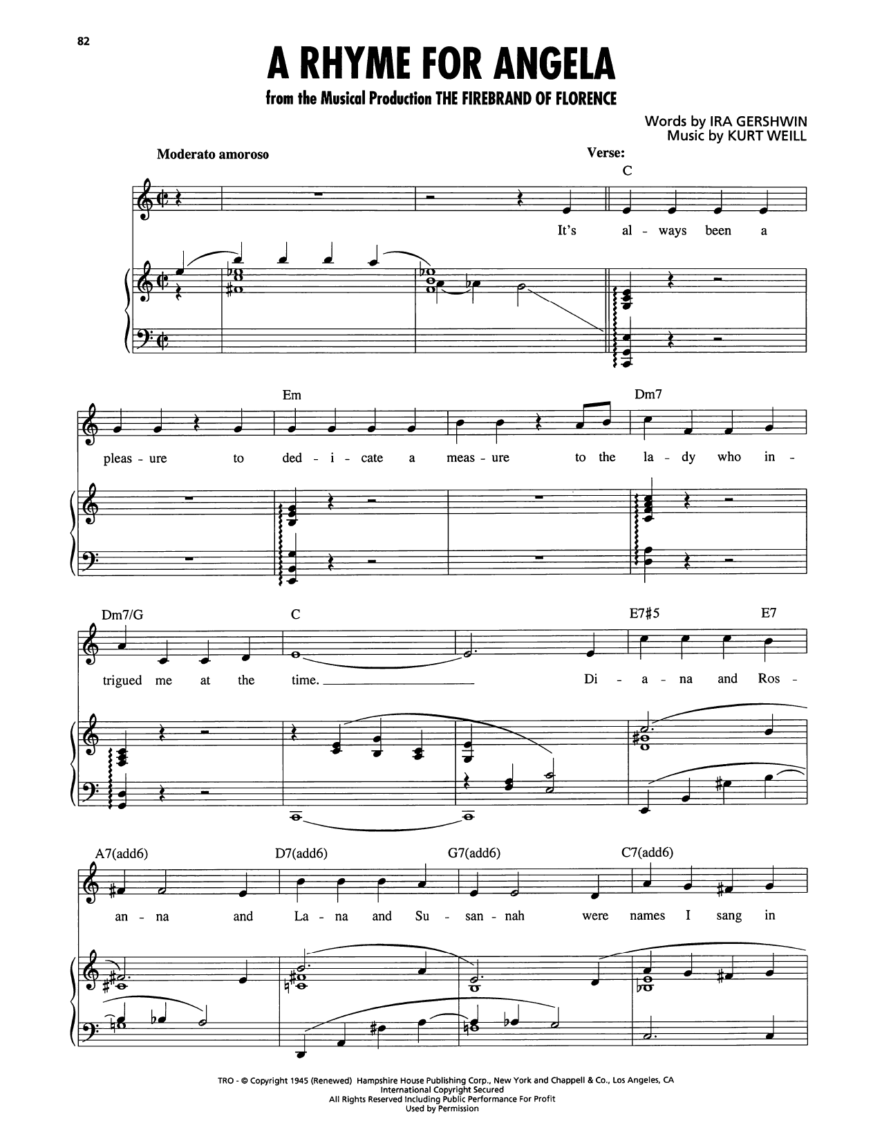 Kurt Weill A Rhyme For Angela (from The Firebrand of Florence) Sheet Music & Chords for Piano, Vocal & Guitar Chords (Right-Hand Melody) - Download or Print PDF