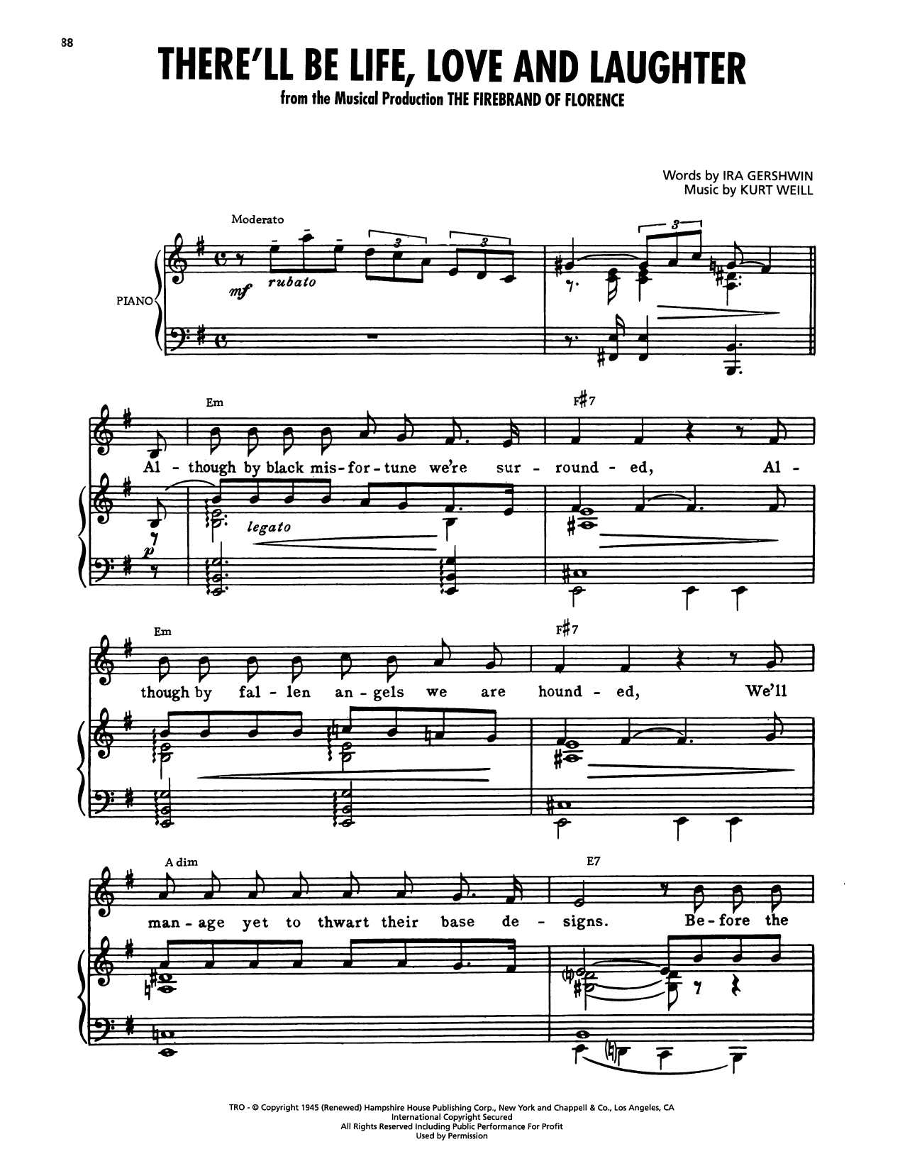 Kurt Weill There'll Be Life, Love And Laughter (from The Firebrand Of Florence) Sheet Music & Chords for Piano, Vocal & Guitar Chords (Right-Hand Melody) - Download or Print PDF