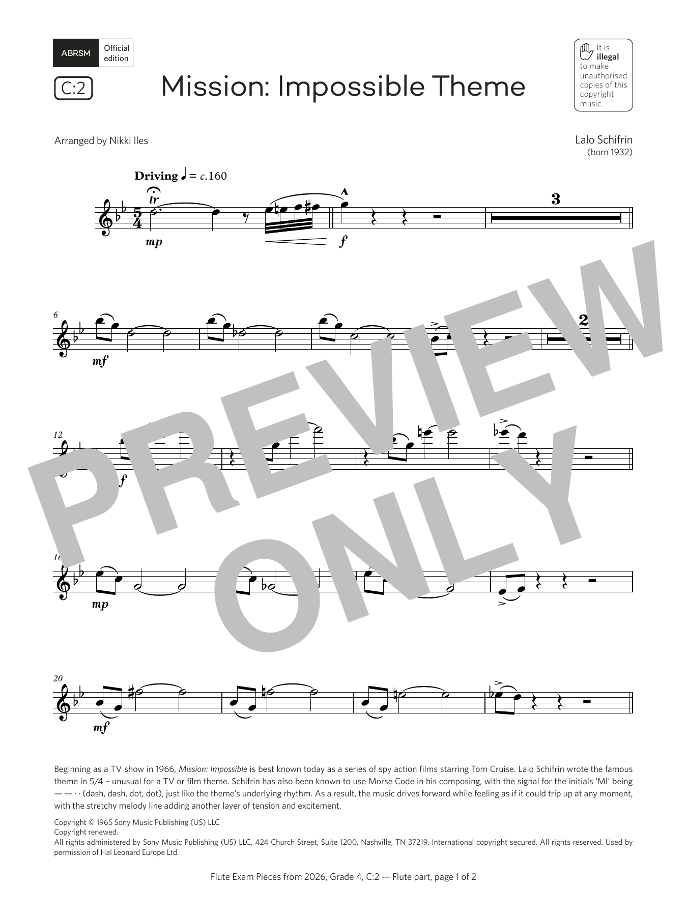 Lalo Schifrin Mission: Impossible Theme (Grade 4, list C2, from the ABRSM Flute Syllabus from 2026) Sheet Music & Chords for Flute Solo - Download or Print PDF