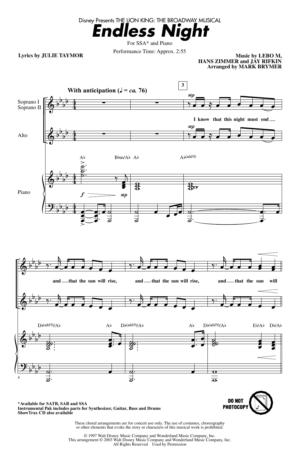 Lebo M., Hans Zimmer, Jay Rifkin and Julie Taymor Endless Night (from The Lion King: Broadway Musical) (arr. Mark Brymer) Sheet Music & Chords for SATB Choir - Download or Print PDF