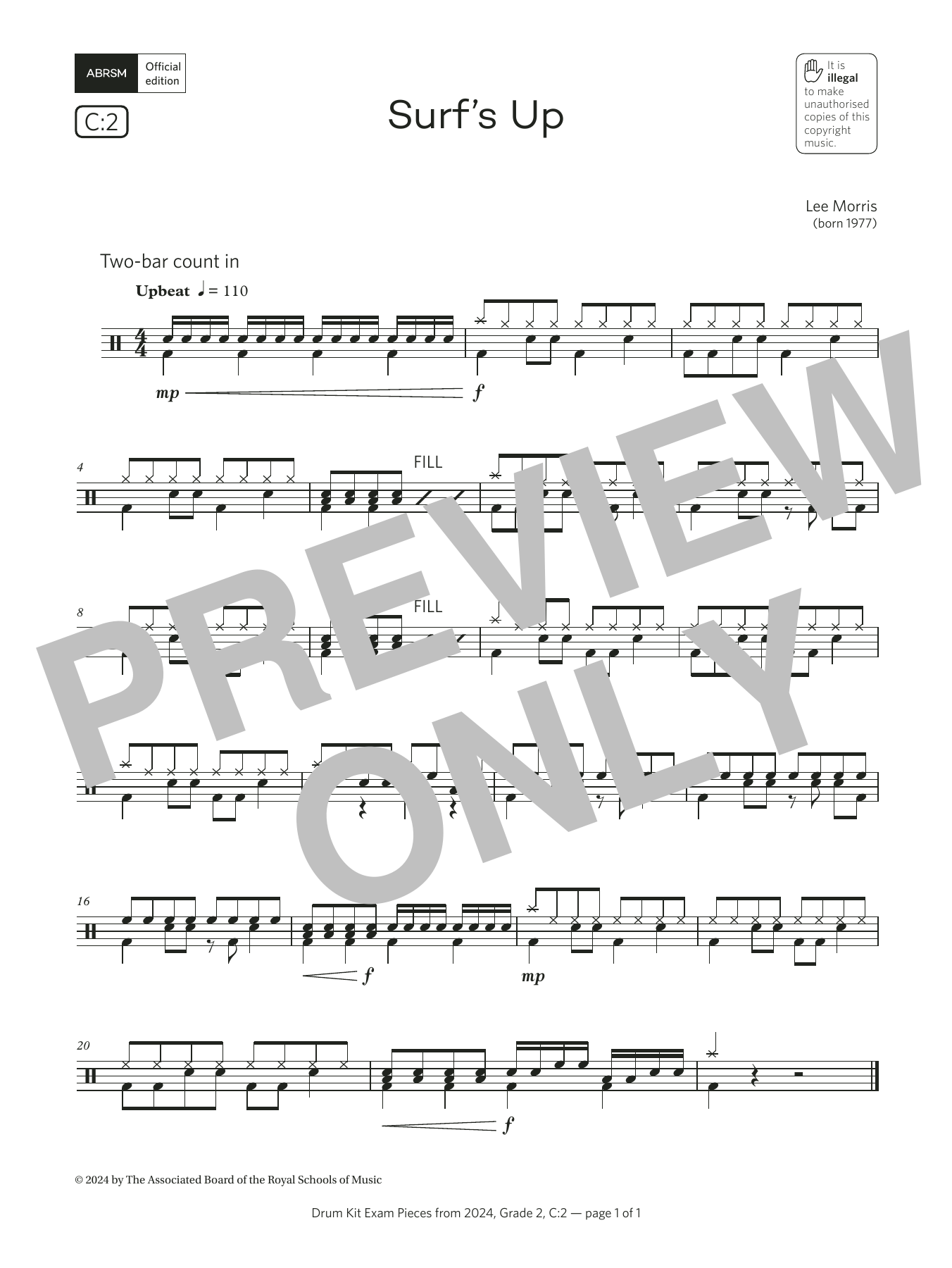 Lee Morris Surf's Up (Grade 2, list C2, from the ABRSM Drum Kit Syllabus 2024) Sheet Music & Chords for Drums - Download or Print PDF
