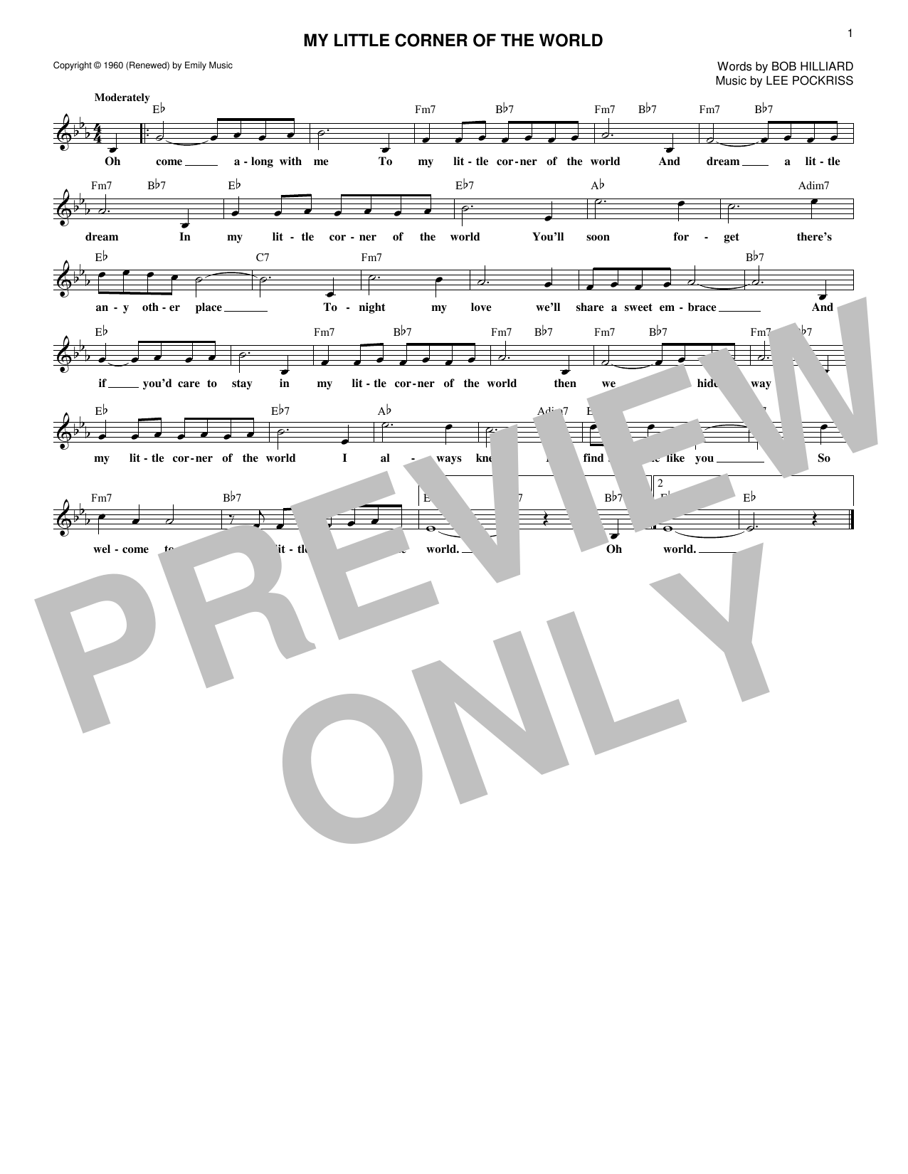 Lee Pockriss My Little Corner Of The World Sheet Music & Chords for Melody Line, Lyrics & Chords - Download or Print PDF
