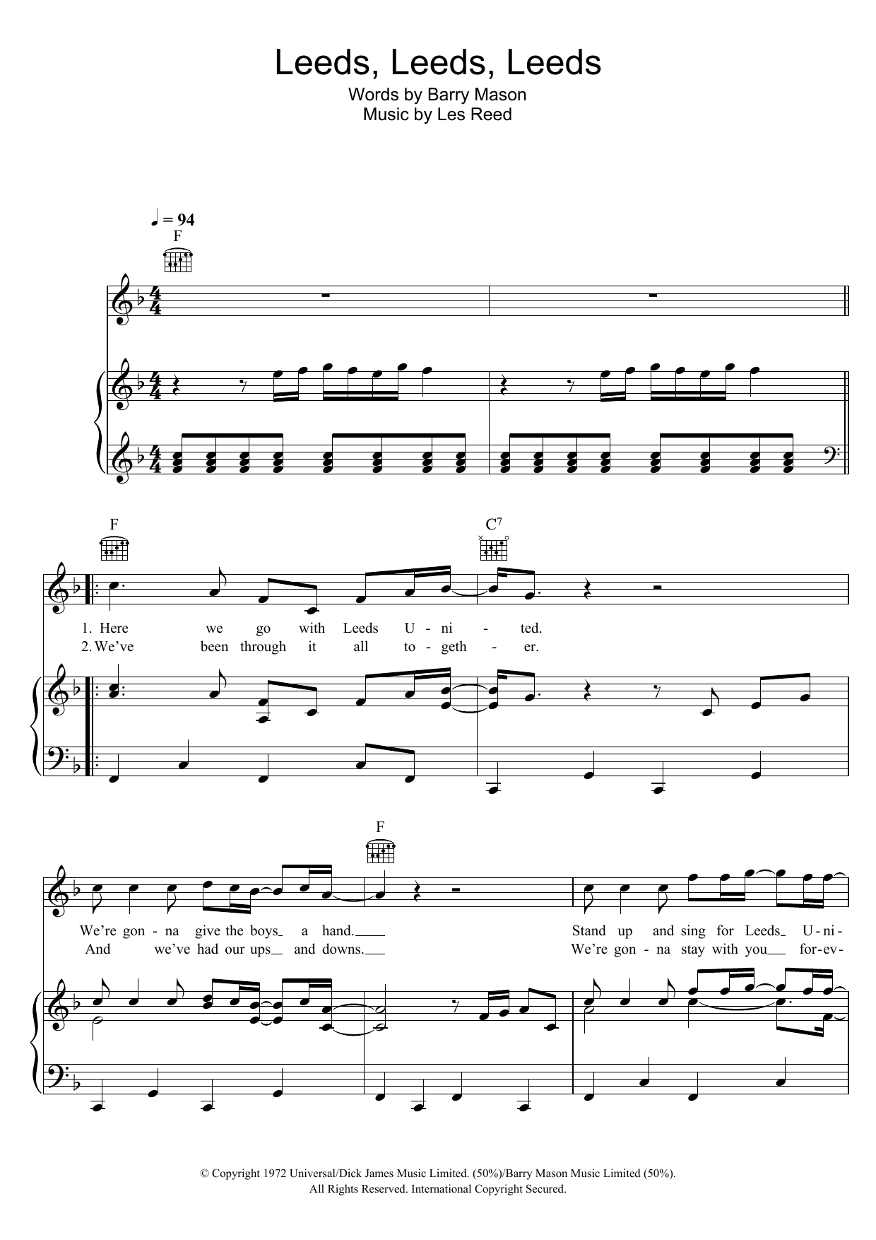 Leeds United Team & Supporters Leeds, Leeds, Leeds (Marching On Together) Sheet Music & Chords for Piano, Vocal & Guitar (Right-Hand Melody) - Download or Print PDF