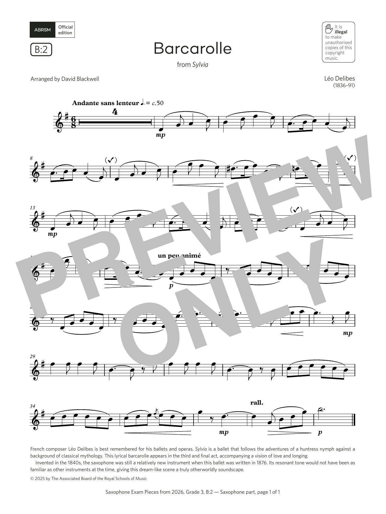 Léo Delibes Barcarolle (Grade 3, list B2, from the ABRSM Saxophone Syllabus from 2026) Sheet Music & Chords for Alto Sax Solo - Download or Print PDF