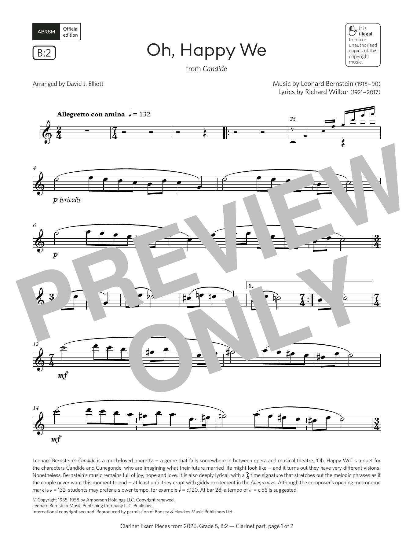 Leonard Bernstein Oh, Happy We (Grade 5, list B2, from the ABRSM Clarinet Syllabus from 2026) Sheet Music & Chords for Clarinet Solo - Download or Print PDF