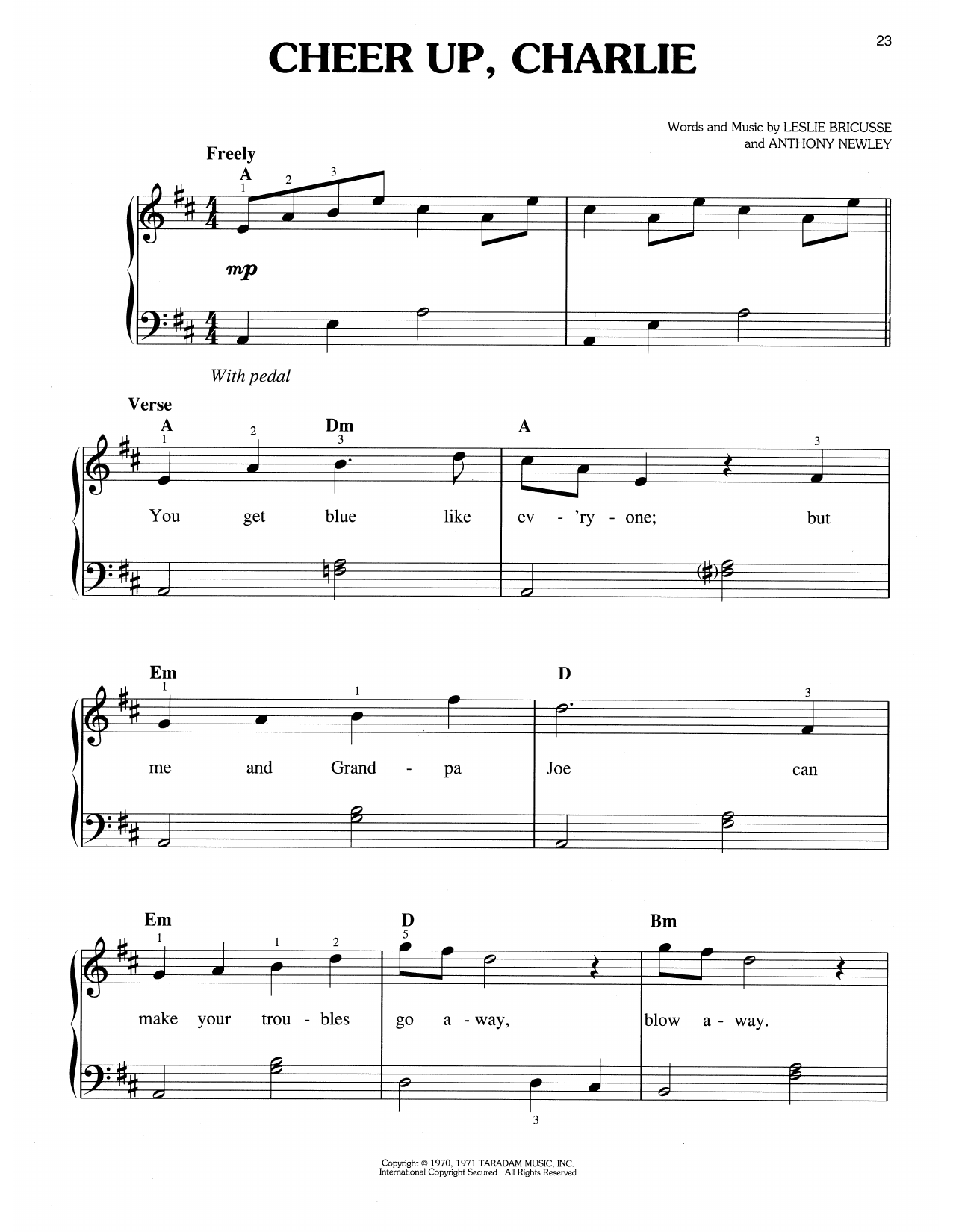 Leslie Bricusse & Anthony Newley Cheer Up, Charlie (from Willy Wonka & The Chocolate Factory) Sheet Music & Chords for Easy Piano - Download or Print PDF