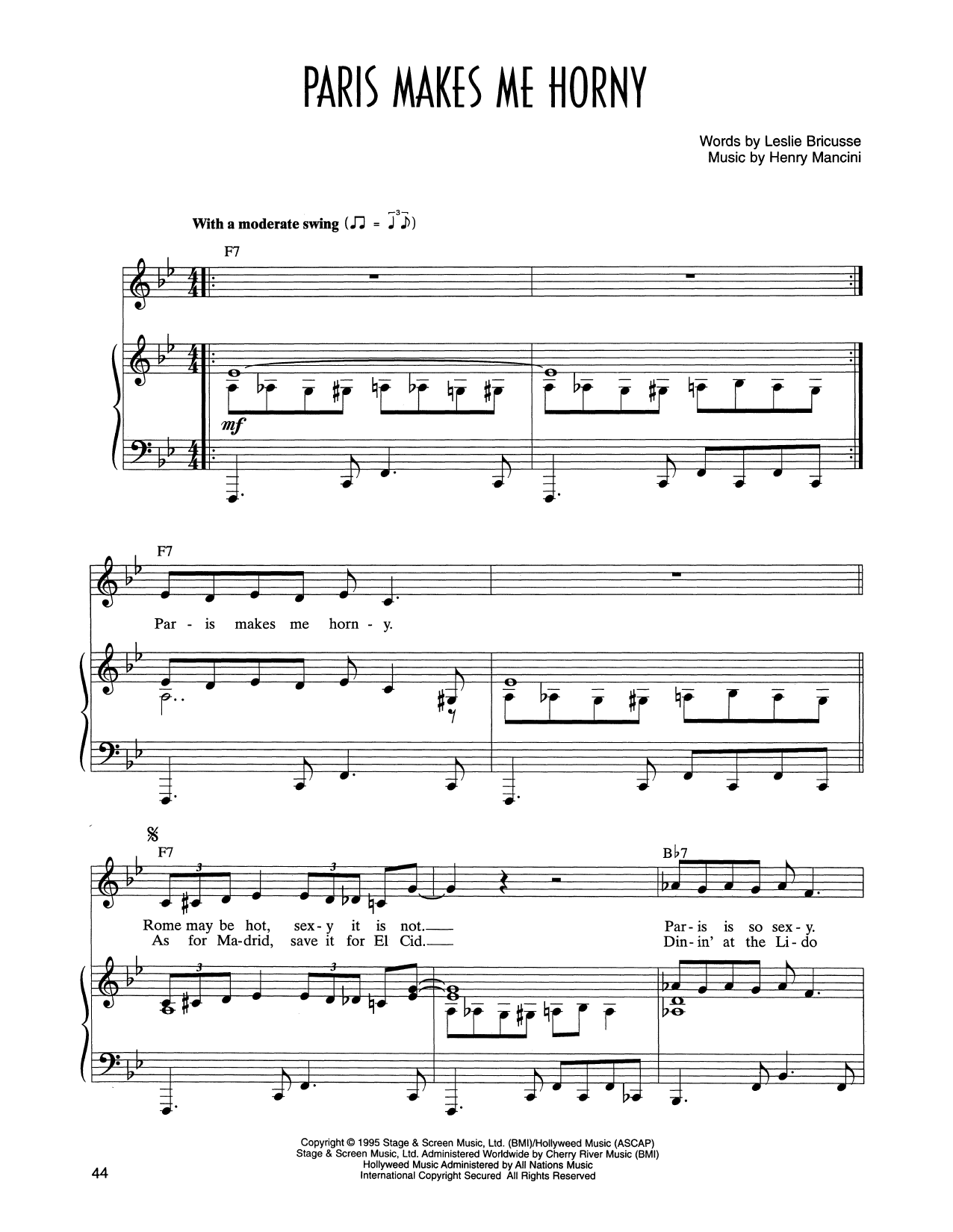 Leslie Bricusse and Henry Mancini Paris Makes Me Horny (from Victor/Victoria) Sheet Music & Chords for Piano & Vocal - Download or Print PDF