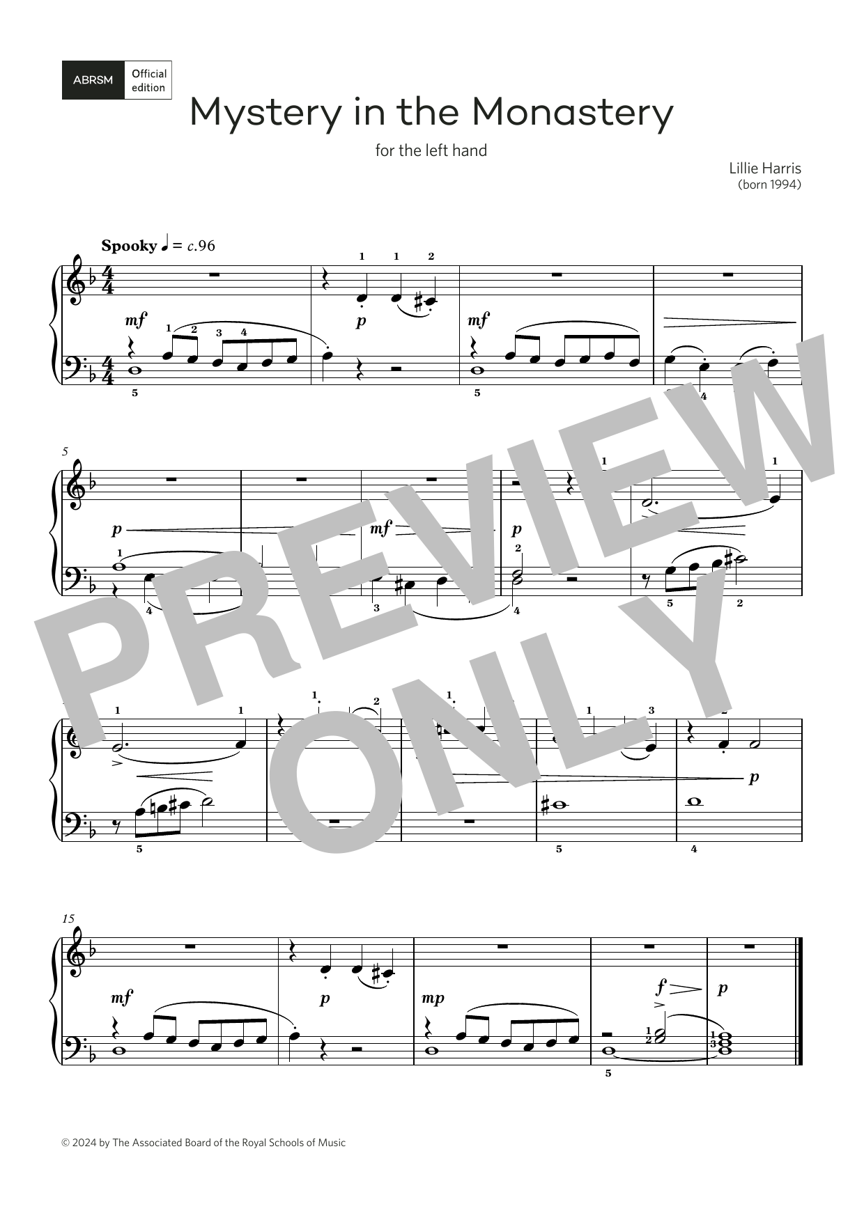 Lillie Harris Mystery in the Monastery: for left hand only (Grade 1, list C, ABRSM Piano Syllabus 2025 & 2026) Sheet Music & Chords for Piano Solo - Download or Print PDF