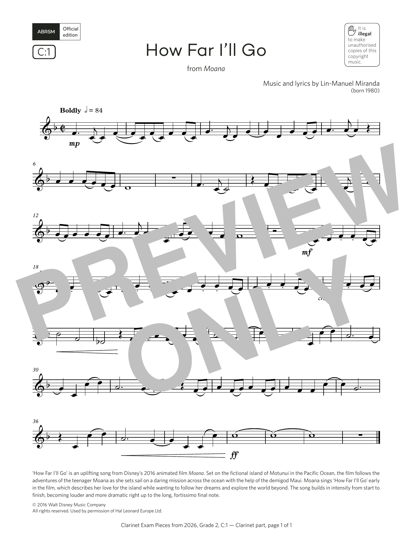 Lin-Manuel Miranda How Far I'll Go (Grade 2, list C1, from the ABRSM Clarinet Syllabus from 2026) Sheet Music & Chords for Clarinet Solo - Download or Print PDF