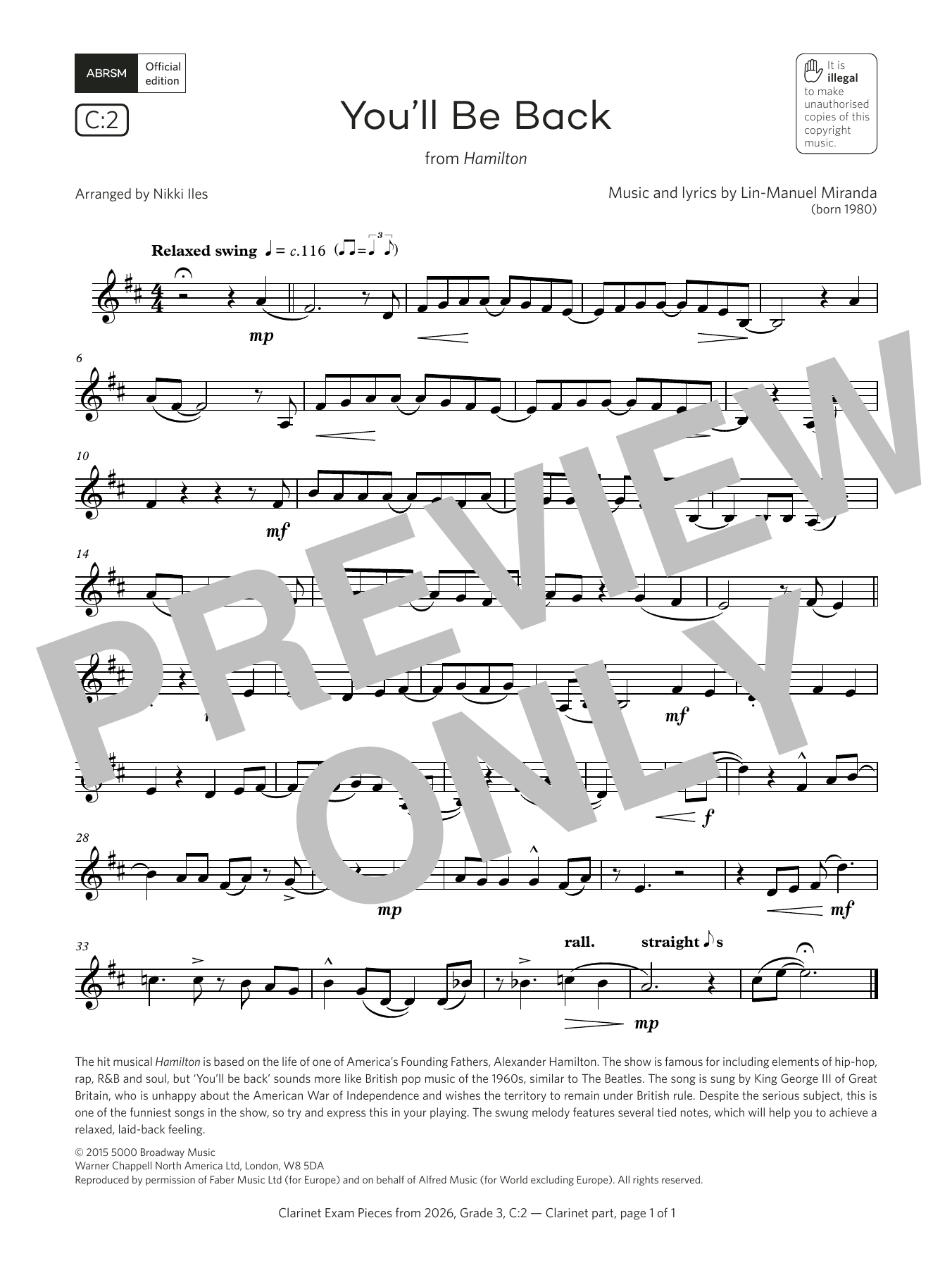 Lin-Manuel Miranda You'll Be Back (Grade 3, list C2, from the ABRSM Clarinet Syllabus from 2026) Sheet Music & Chords for Clarinet Solo - Download or Print PDF