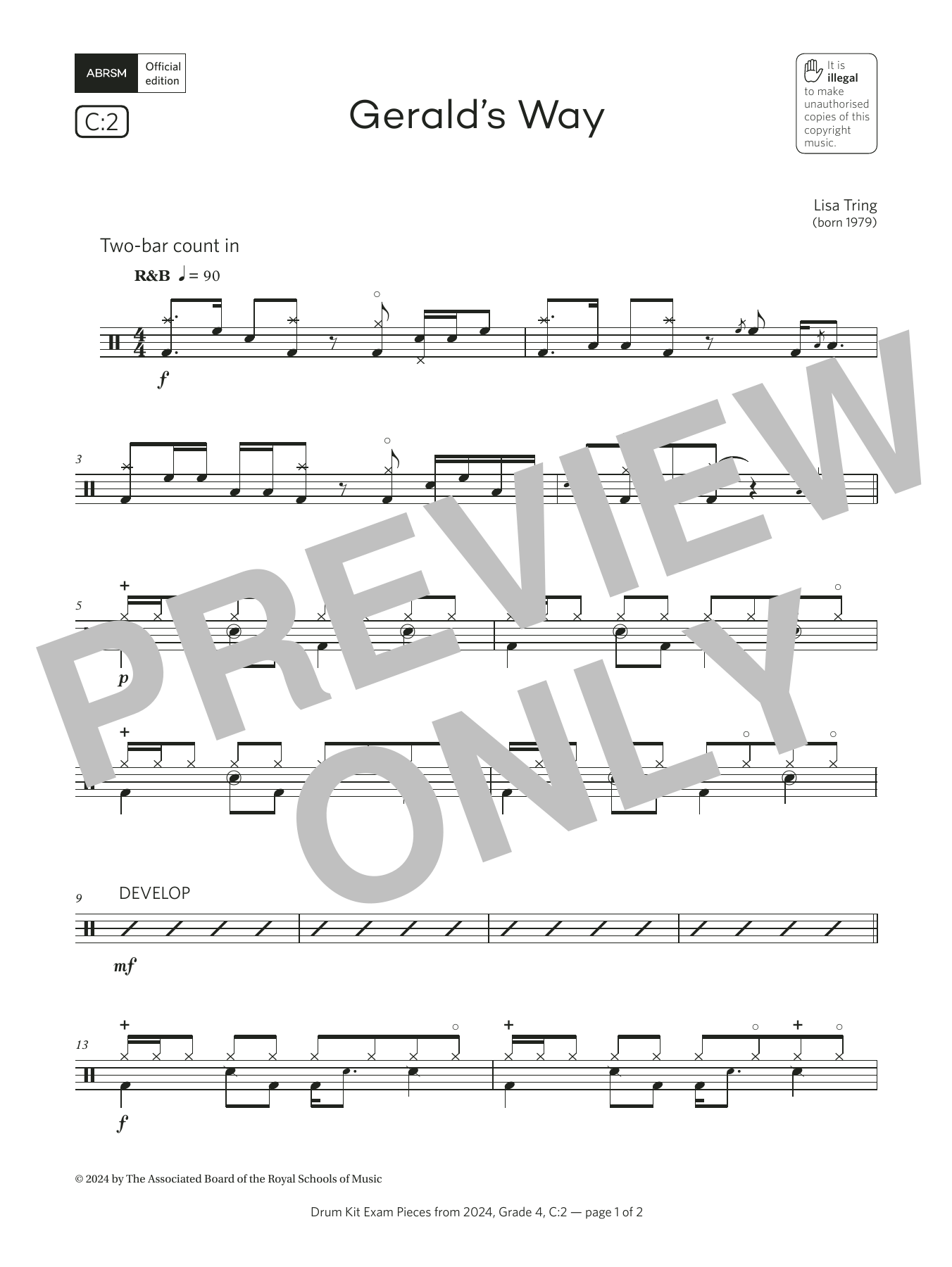 Lisa Tring Gerald's Way (Grade 4, list C2, from the ABRSM Drum Kit Syllabus 2024) Sheet Music & Chords for Drums - Download or Print PDF