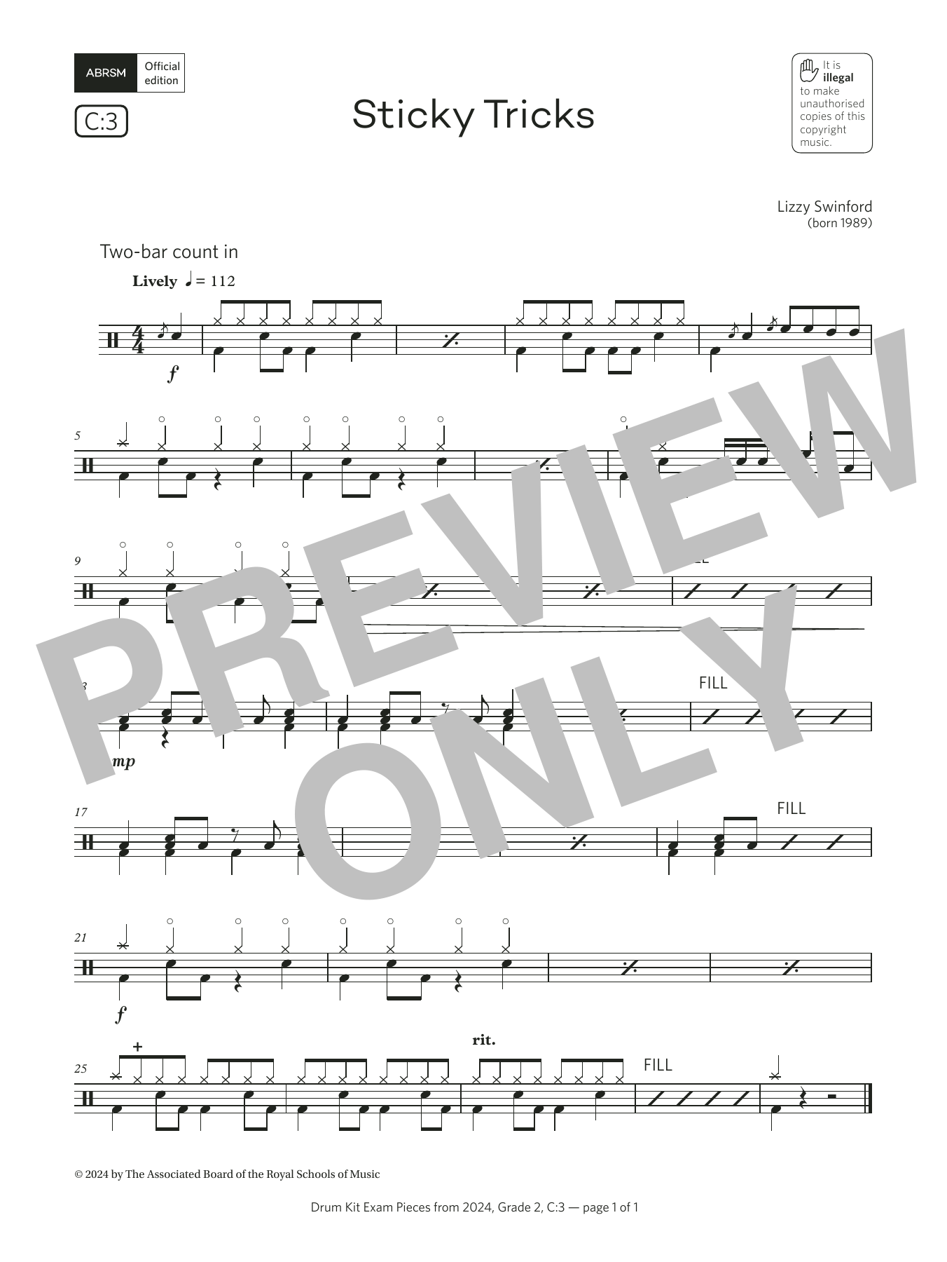 Lizzy Swinford Sticky Tricks (Grade 2, list C3, from the ABRSM Drum Kit Syllabus 2024) Sheet Music & Chords for Drums - Download or Print PDF