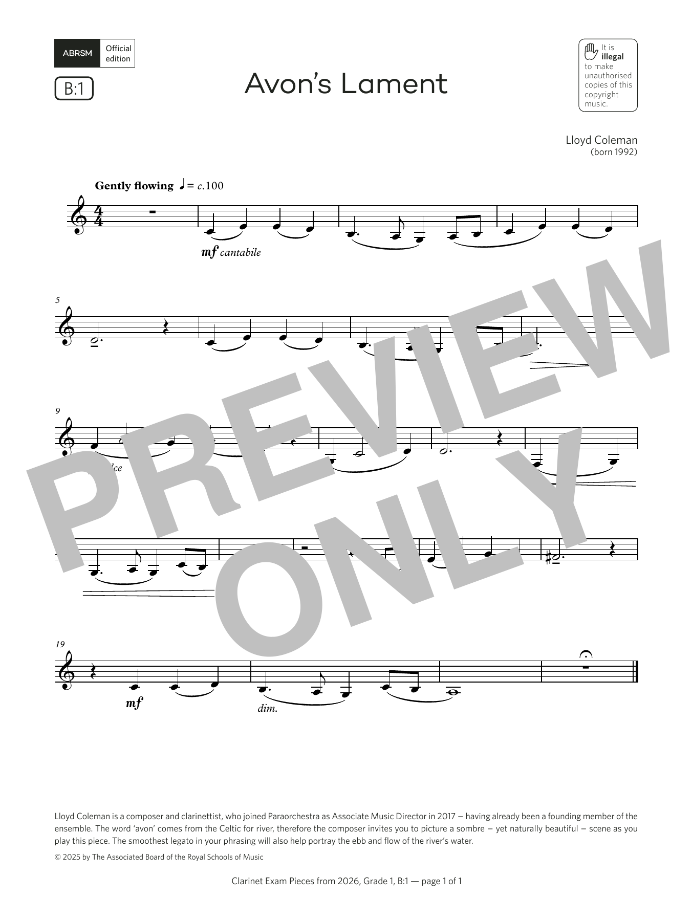 Lloyd Coleman Avon's Lament (Grade 1, list B1, from the ABRSM Clarinet Syllabus from 2026) Sheet Music & Chords for Clarinet Solo - Download or Print PDF