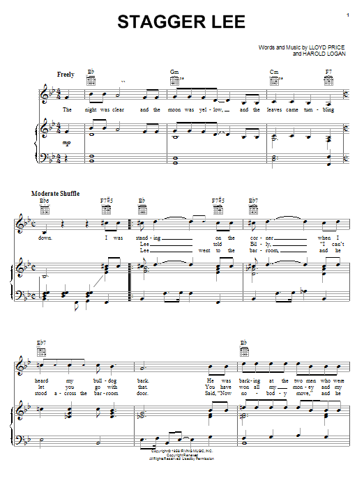 Lloyd Price Stagger Lee Sheet Music & Chords for Piano, Vocal & Guitar (Right-Hand Melody) - Download or Print PDF