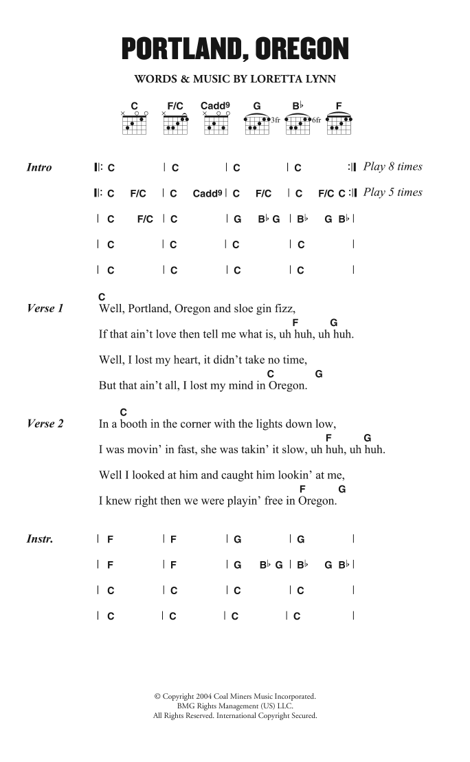 Loretta Lynn Portland, Oregon Sheet Music & Chords for Lyrics & Chords - Download or Print PDF