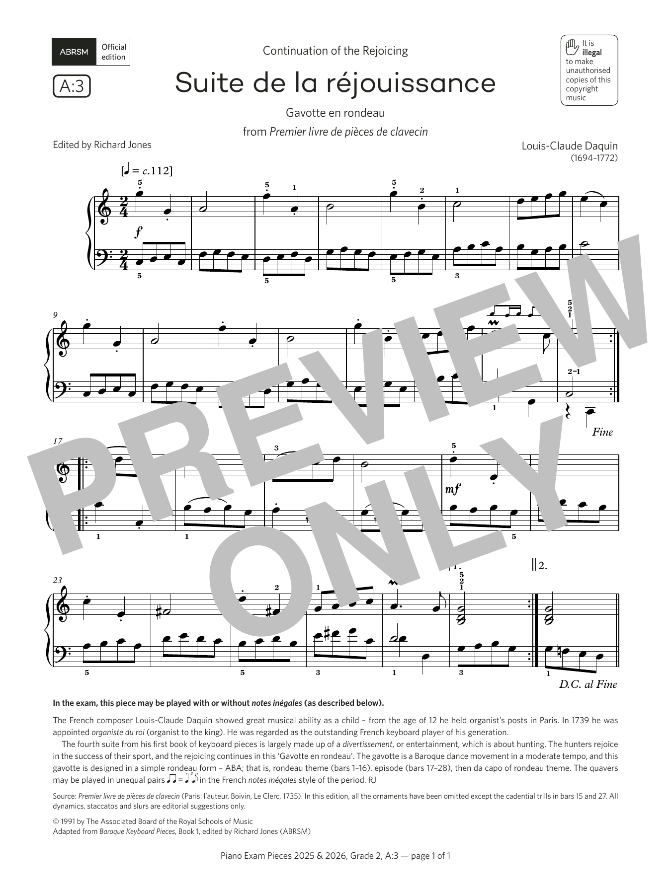 Louis-Claude Daquin Suite de la réjouissance (Grade 2, list A3, from the ABRSM Piano Syllabus 2025 & 2026) Sheet Music & Chords for Piano Solo - Download or Print PDF
