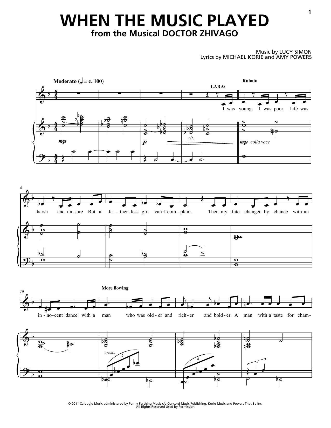 Lucy Simon, Michael Korie & Amy Powers When The Music Played (from Doctor Zhivago: The Broadway Musical) Sheet Music & Chords for Piano & Vocal - Download or Print PDF