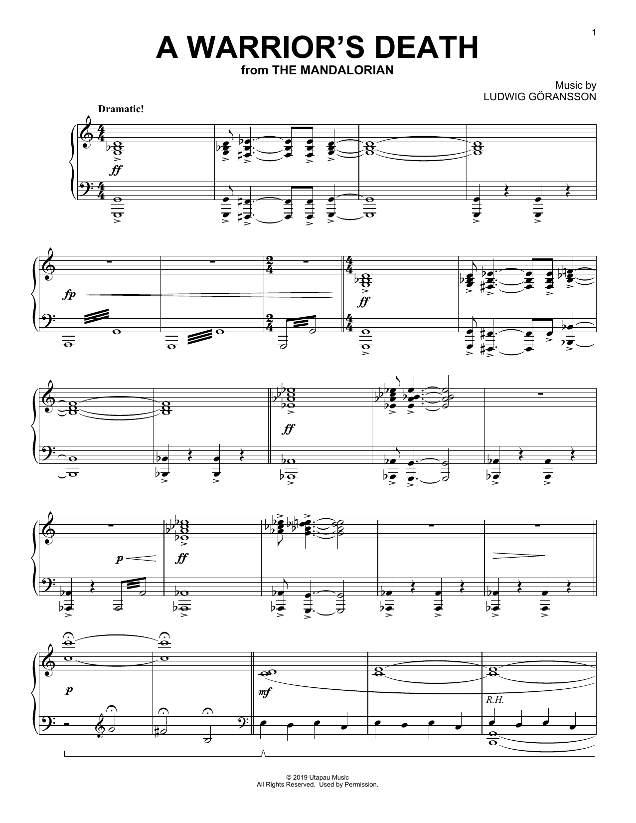 Ludwig Goransson A Warrior's Death (from Star Wars: The Mandalorian) Sheet Music & Chords for Piano Solo - Download or Print PDF