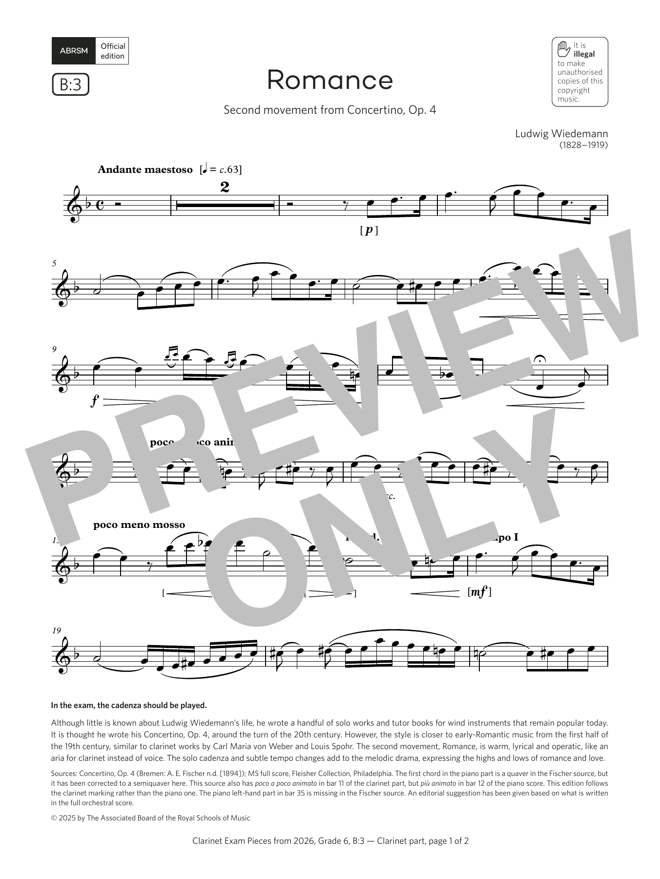 Ludwig Wiedemann Romance (Grade 6, list B3, from the ABRSM Clarinet Syllabus from 2026) Sheet Music & Chords for Clarinet Solo - Download or Print PDF