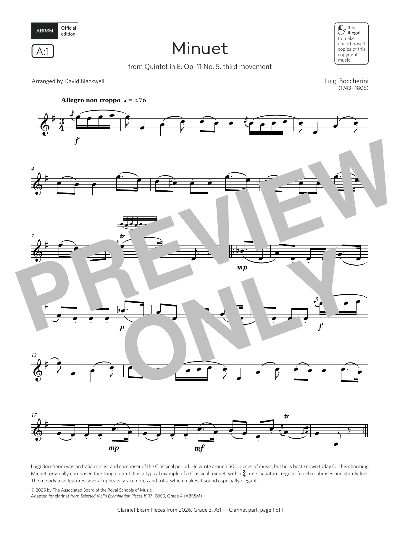 Luigi Boccherini Minuet (Grade 3, list A1, from the ABRSM Clarinet Syllabus from 2026) Sheet Music & Chords for Clarinet Solo - Download or Print PDF