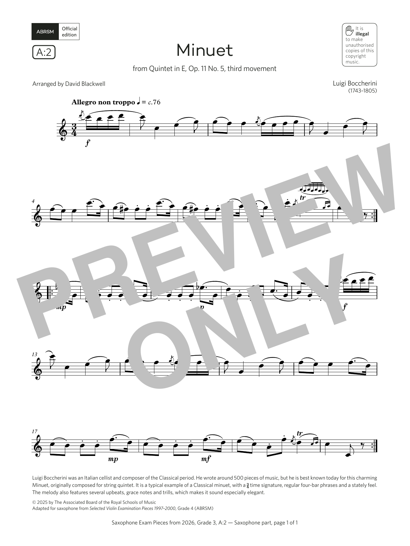 Luigi Boccherini Minuet (Grade 3, list A2, from the ABRSM Saxophone Syllabus from 2026) Sheet Music & Chords for Alto Sax Solo - Download or Print PDF
