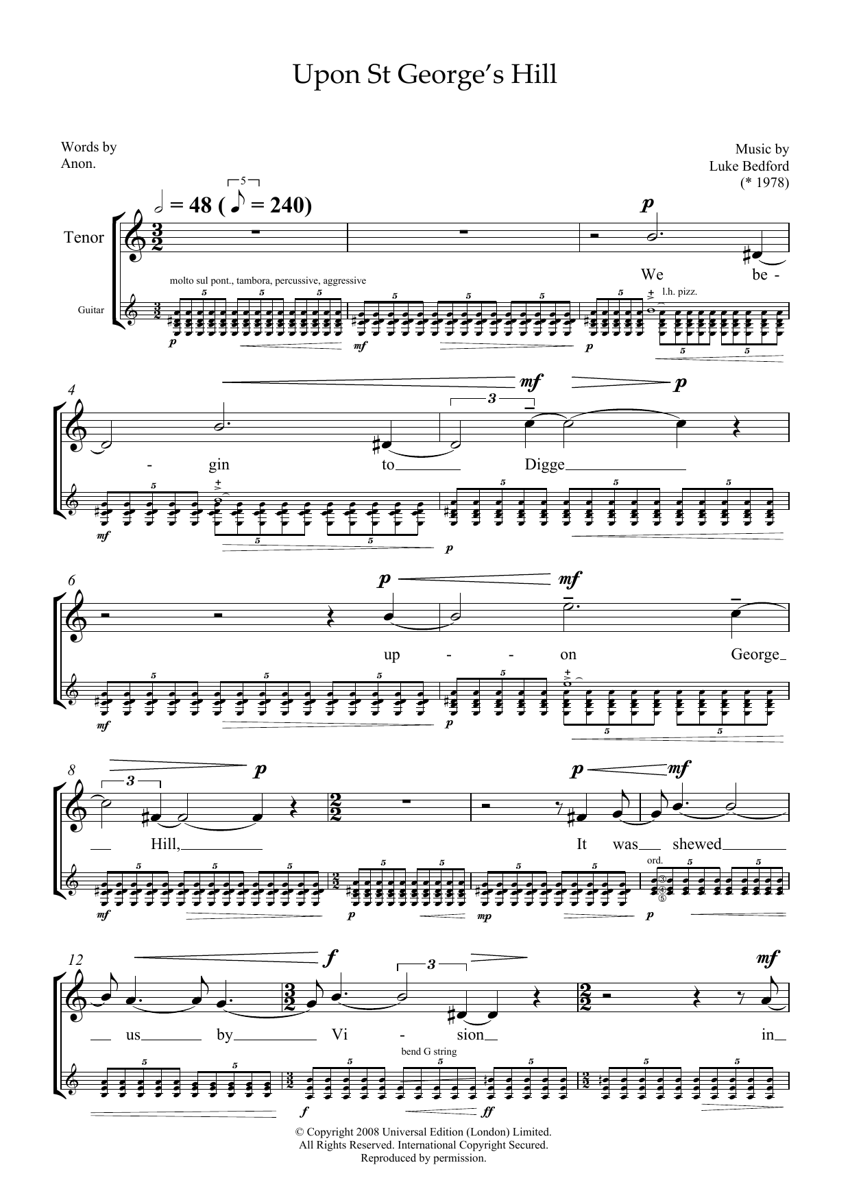 Luke Bedford Upon St George's Hill (for tenor & guitar) Sheet Music & Chords for Piano & Vocal - Download or Print PDF
