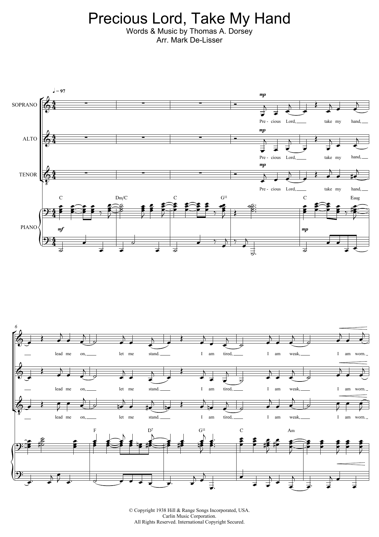 Mahalia Jackson Precious Lord, Take My Hand (Take My Hand, Precious Lord) (arr. Mark De-Lisser) Sheet Music & Chords for SAT - Download or Print PDF