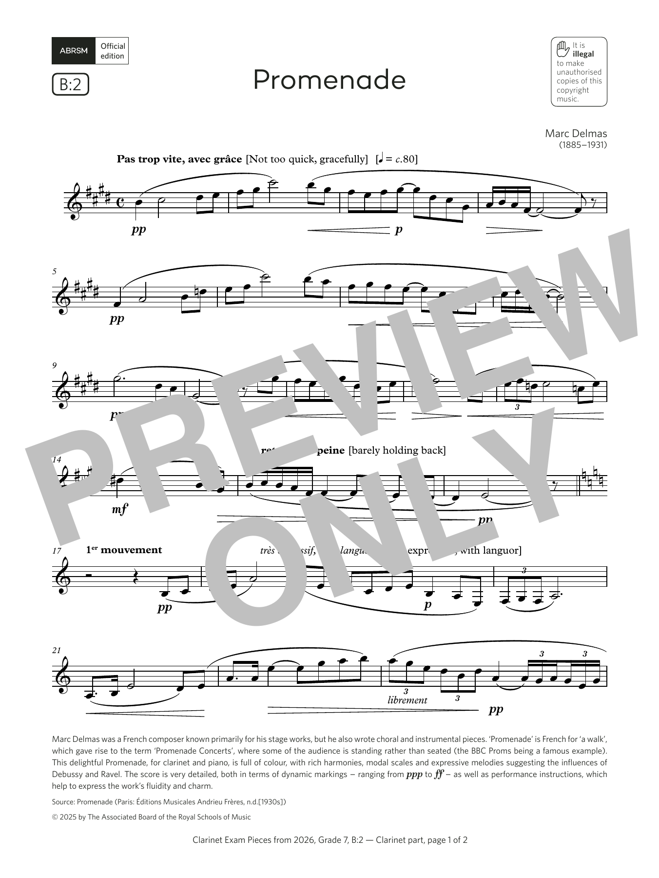 Marc Delmas Promenade (Grade 7, list B2, from the ABRSM Clarinet Syllabus from 2026) Sheet Music & Chords for Clarinet Solo - Download or Print PDF