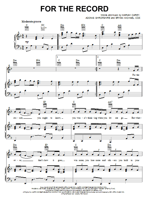 Mariah Carey For The Record Sheet Music & Chords for Piano, Vocal & Guitar (Right-Hand Melody) - Download or Print PDF