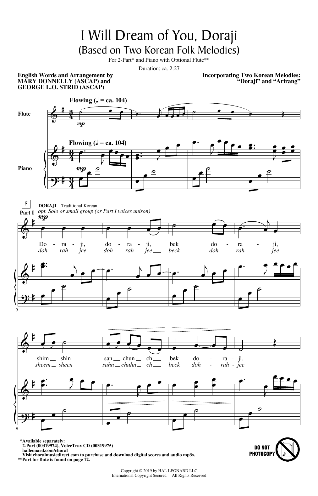 Mary Donnelly and George L.O. Strid I Will Dream Of You, Doraji (Based on Two Korean Folk Melodies) Sheet Music & Chords for 2-Part Choir - Download or Print PDF