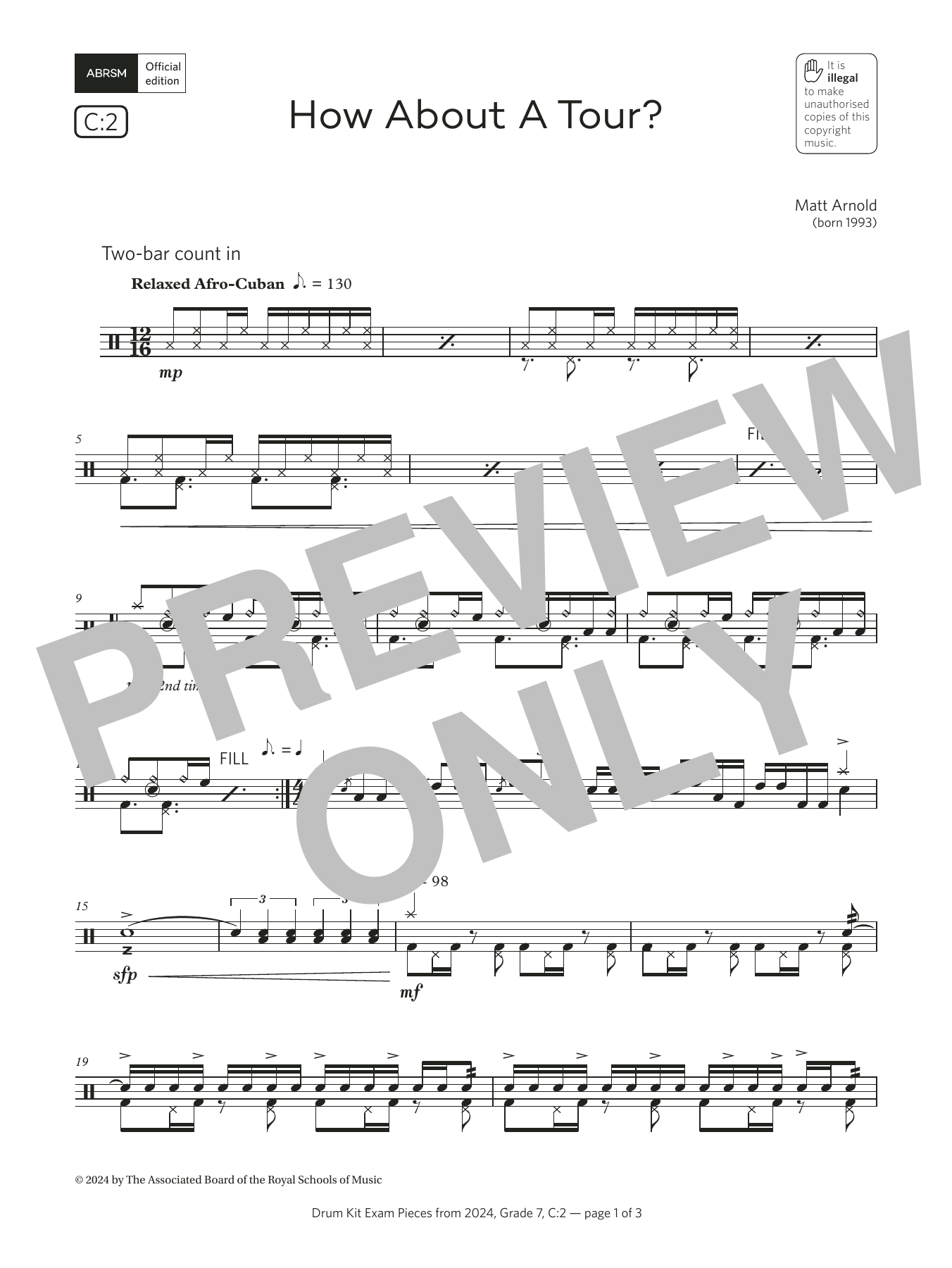 Matt Arnold How About A Tour? (Grade 7, list C2, from the ABRSM Drum Kit Syllabus 2024) Sheet Music & Chords for Drums - Download or Print PDF