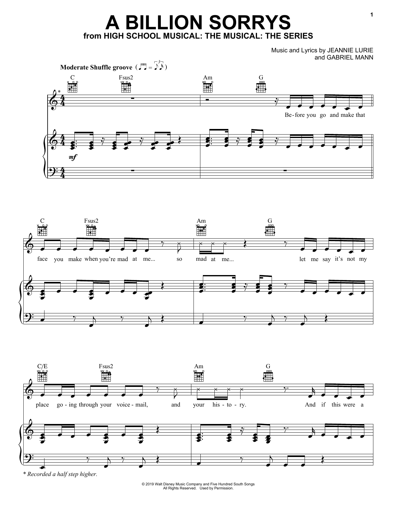 Matt Cornett A Billion Sorrys (from High School Musical: The Musical: The Series) Sheet Music & Chords for Piano, Vocal & Guitar (Right-Hand Melody) - Download or Print PDF