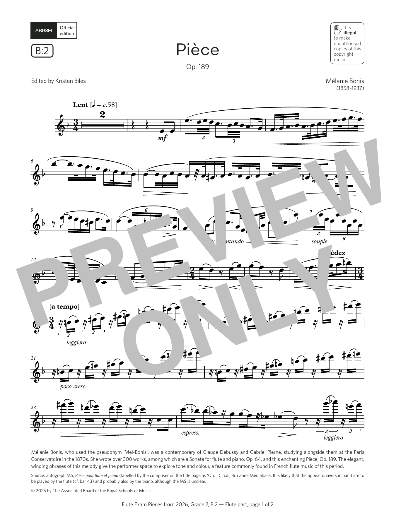 Mélanie Helene Bonis Pièce (Grade 7, list B2, from the ABRSM Flute Syllabus from 2026) Sheet Music & Chords for Flute Solo - Download or Print PDF