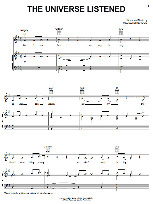 Melissa Etheridge The Universe Listened Sheet Music & Chords for Piano, Vocal & Guitar (Right-Hand Melody) - Download or Print PDF