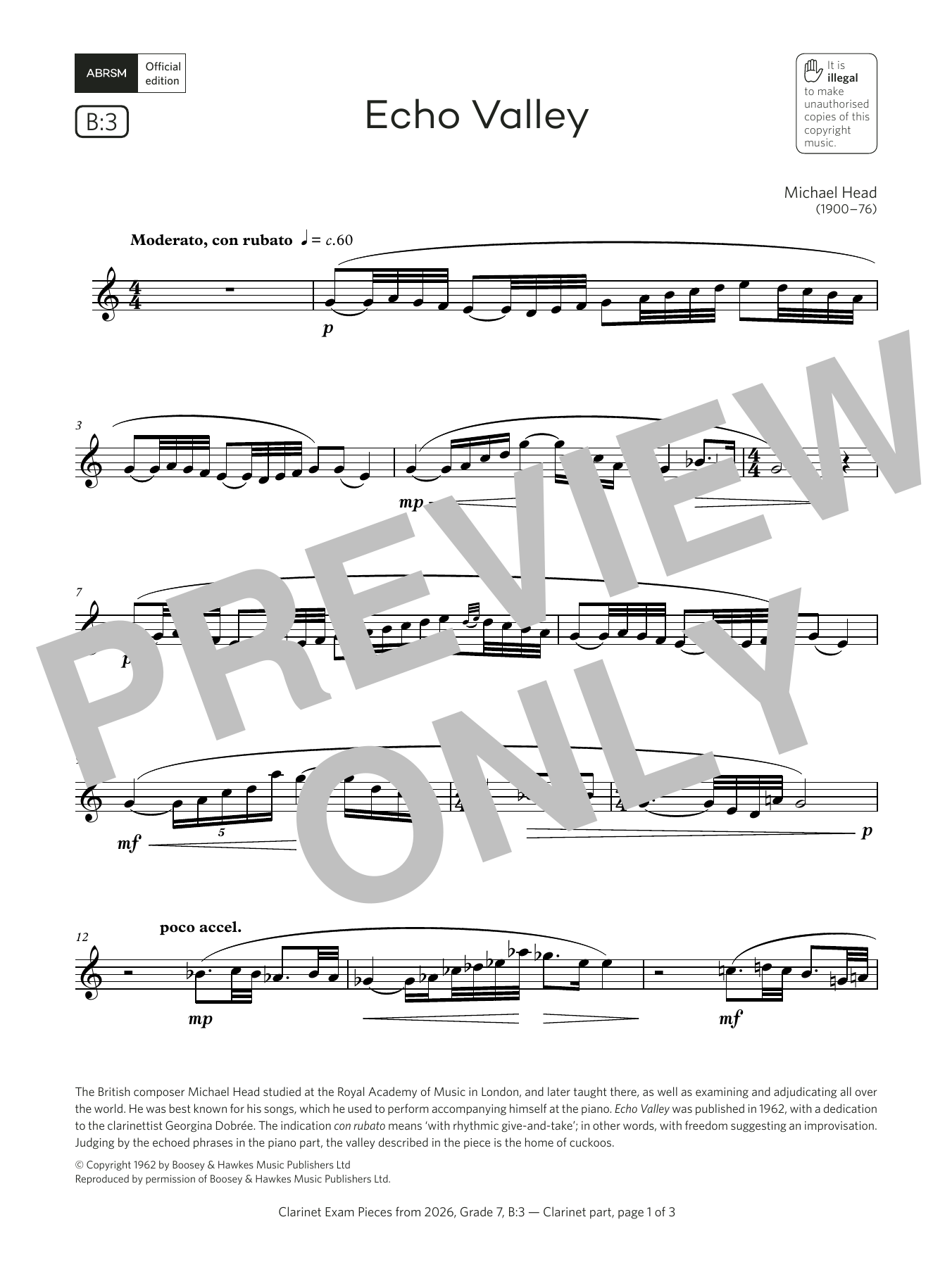 Michael Head Echo Valley (Grade 7, list B3, from the ABRSM Clarinet Syllabus from 2026) Sheet Music & Chords for Clarinet Solo - Download or Print PDF
