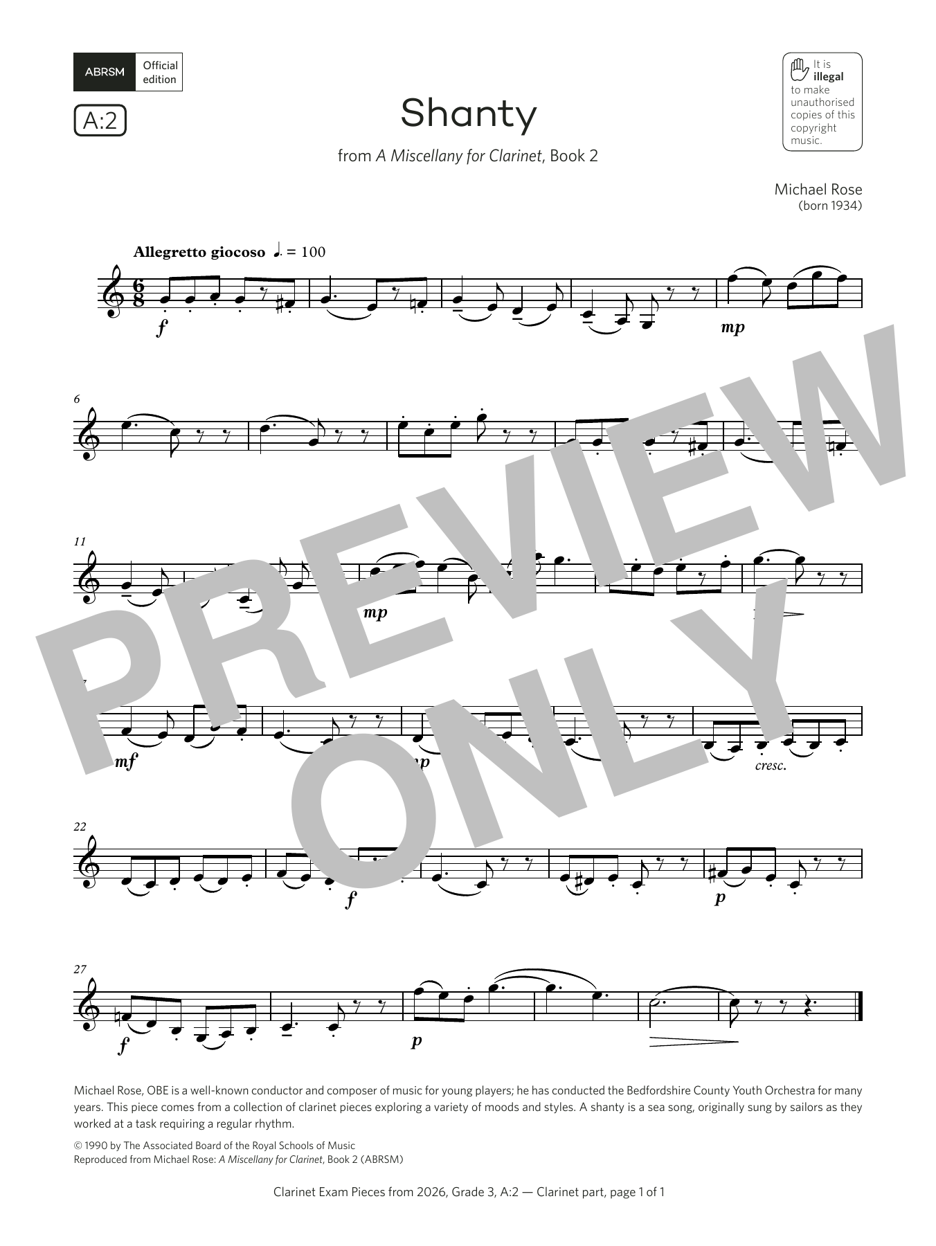 Michael Rose Shanty (Grade 3, list A2, from the ABRSM Clarinet Syllabus from 2026) Sheet Music & Chords for Clarinet Solo - Download or Print PDF