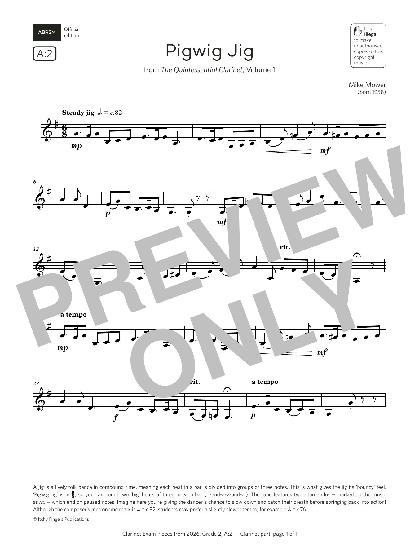 Mike Mower Pigwig Jig (Grade 2, list A2, from the ABRSM Clarinet Syllabus from 2026) Sheet Music & Chords for Clarinet Solo - Download or Print PDF