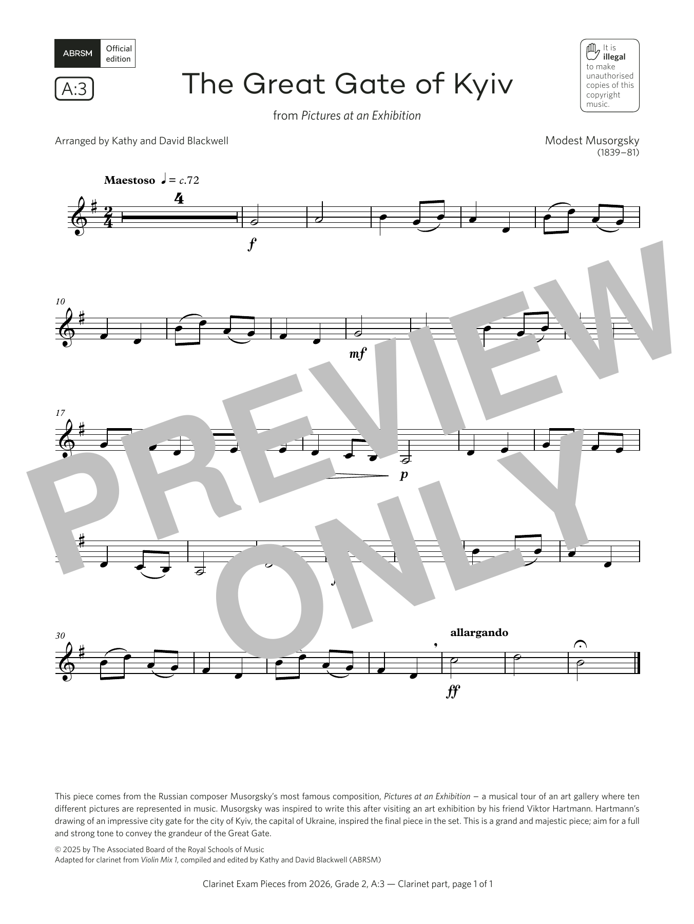 Modest Petrovich Musorgsky The Great Gate of Kyiv (Grade 2, list A3, from the ABRSM Clarinet Syllabus from 2026) Sheet Music & Chords for Clarinet Solo - Download or Print PDF