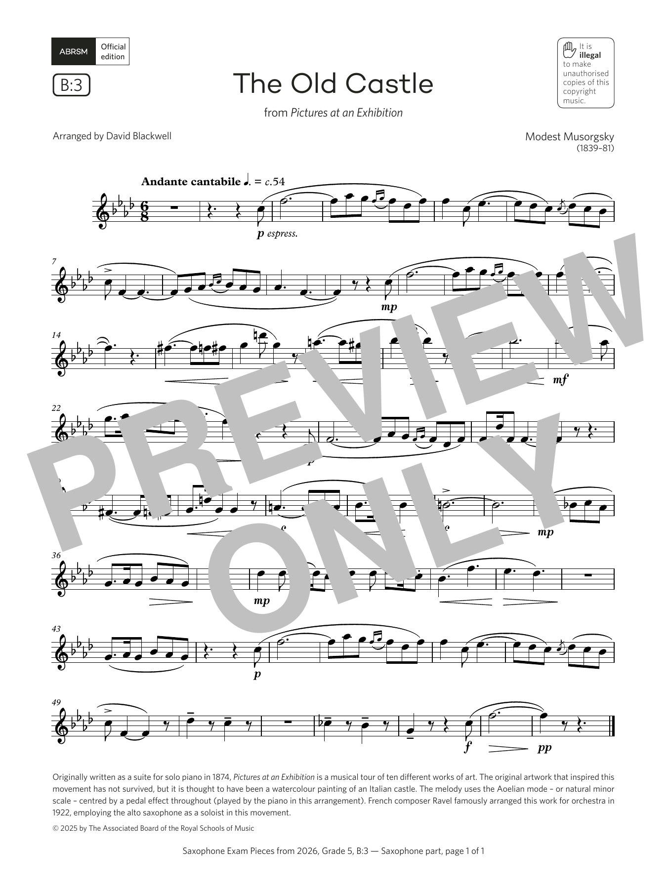Modest Petrovich Musorgsky The Old Castle (Grade 5, list B3, from the ABRSM Saxophone Syllabus from 2026) Sheet Music & Chords for Alto Sax Solo - Download or Print PDF